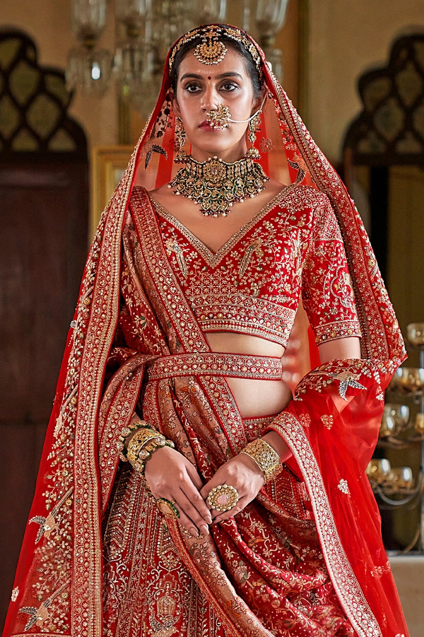 Red Semi-Stitched Embroidered Silk Lehenga-SAR11515_3_SareeButa.com