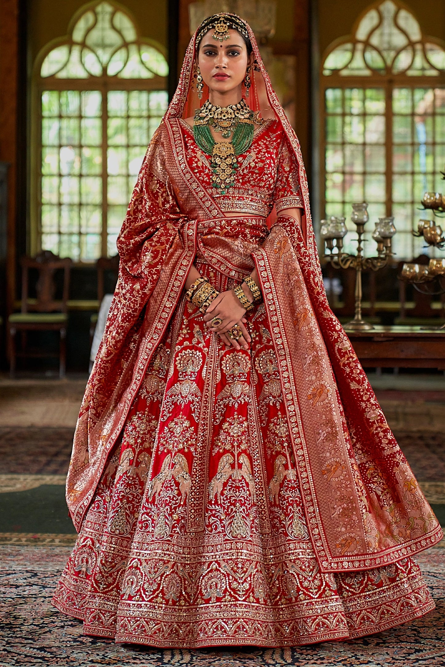 Red Semi-Stitched Embroidered Silk Lehenga-SAR11519_1_SareeButa.com