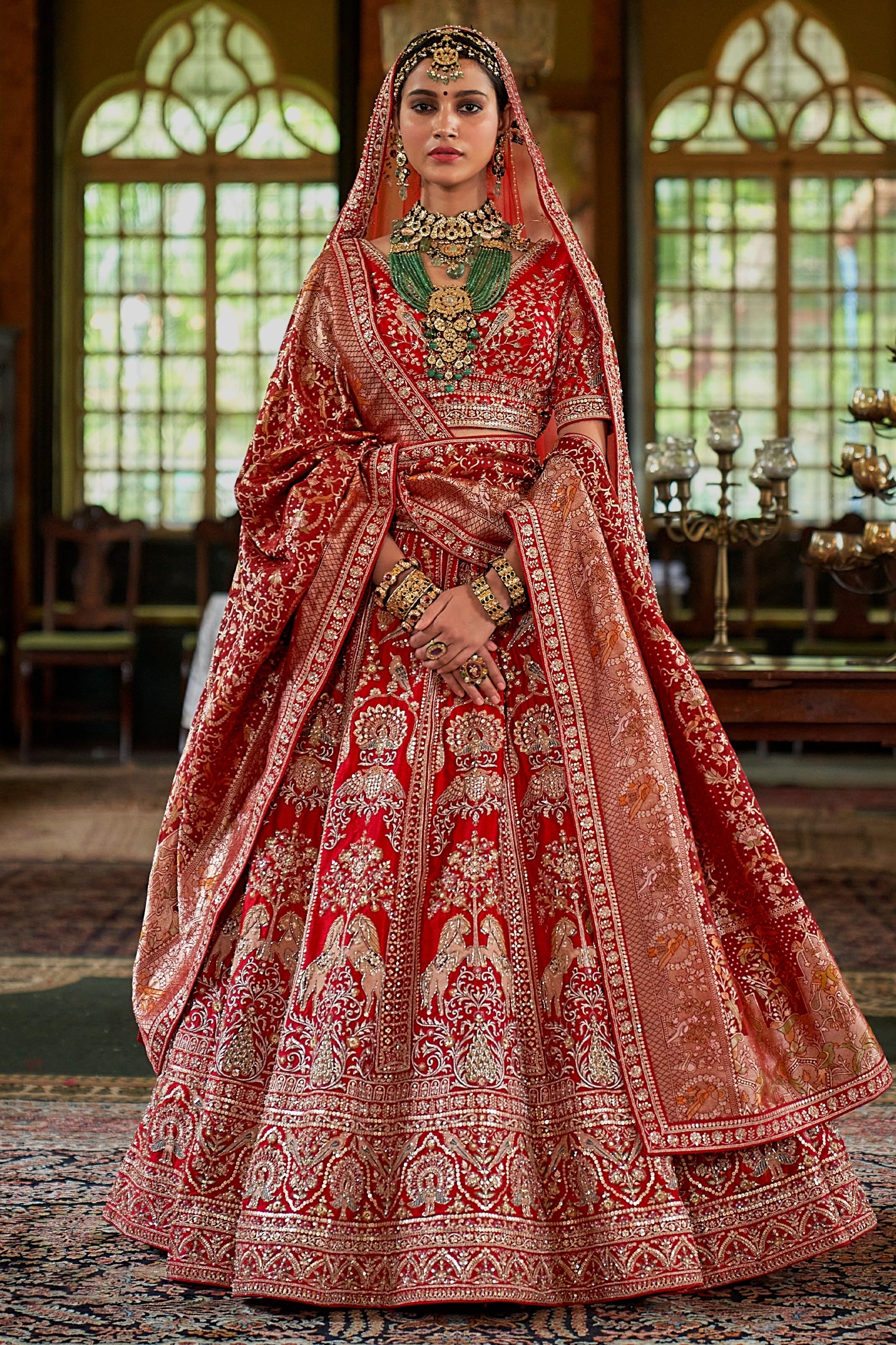 Red Semi-Stitched Embroidered Silk Lehenga-SAR11519_1_SareeButa.com