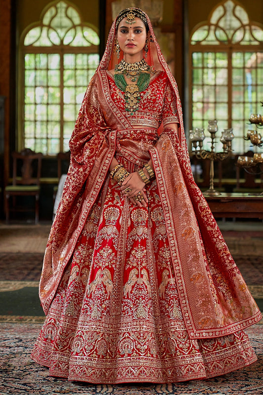 Red Semi-Stitched Embroidered Silk Lehenga-SAR11519_1_SareeButa.com