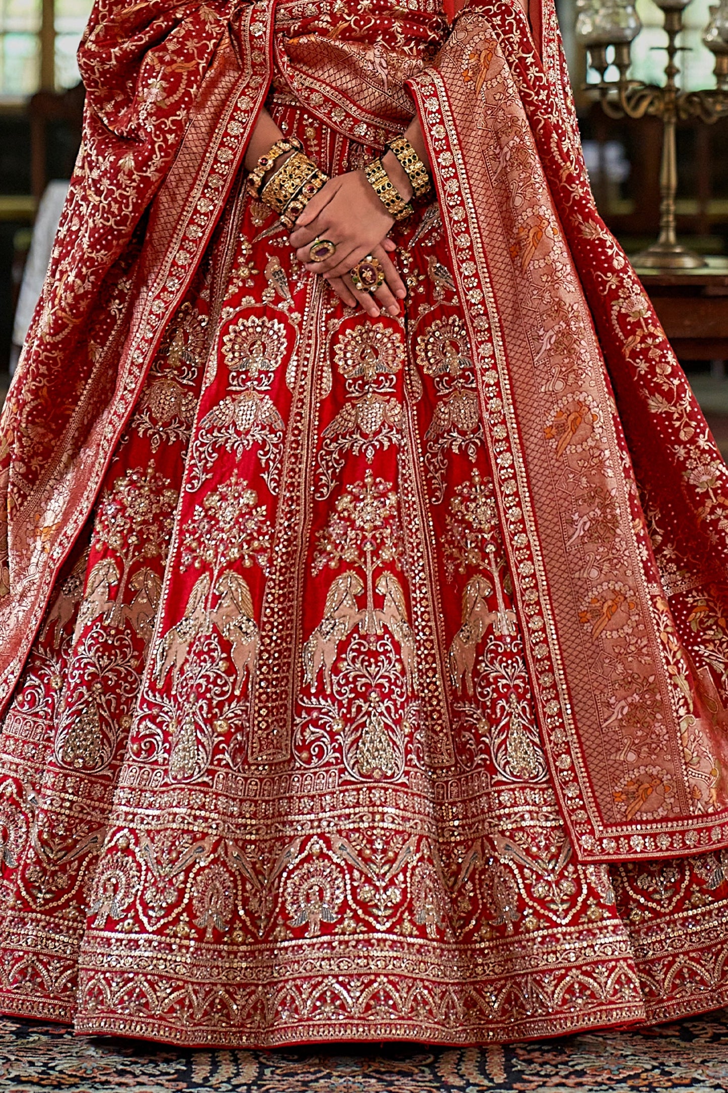 Red Semi-Stitched Embroidered Silk Lehenga-SAR11519_4_SareeButa.com