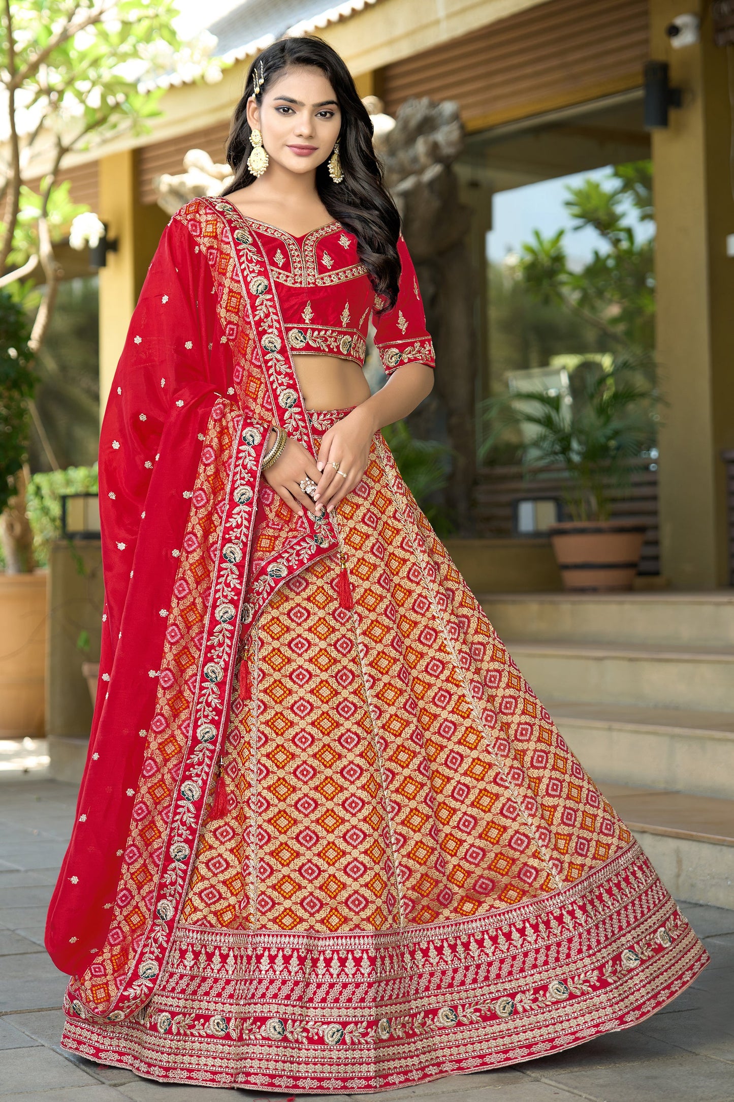 Red Semi-Stitched Embroidered Viscose Lehenga-SAR10735_1_SareeButa.com