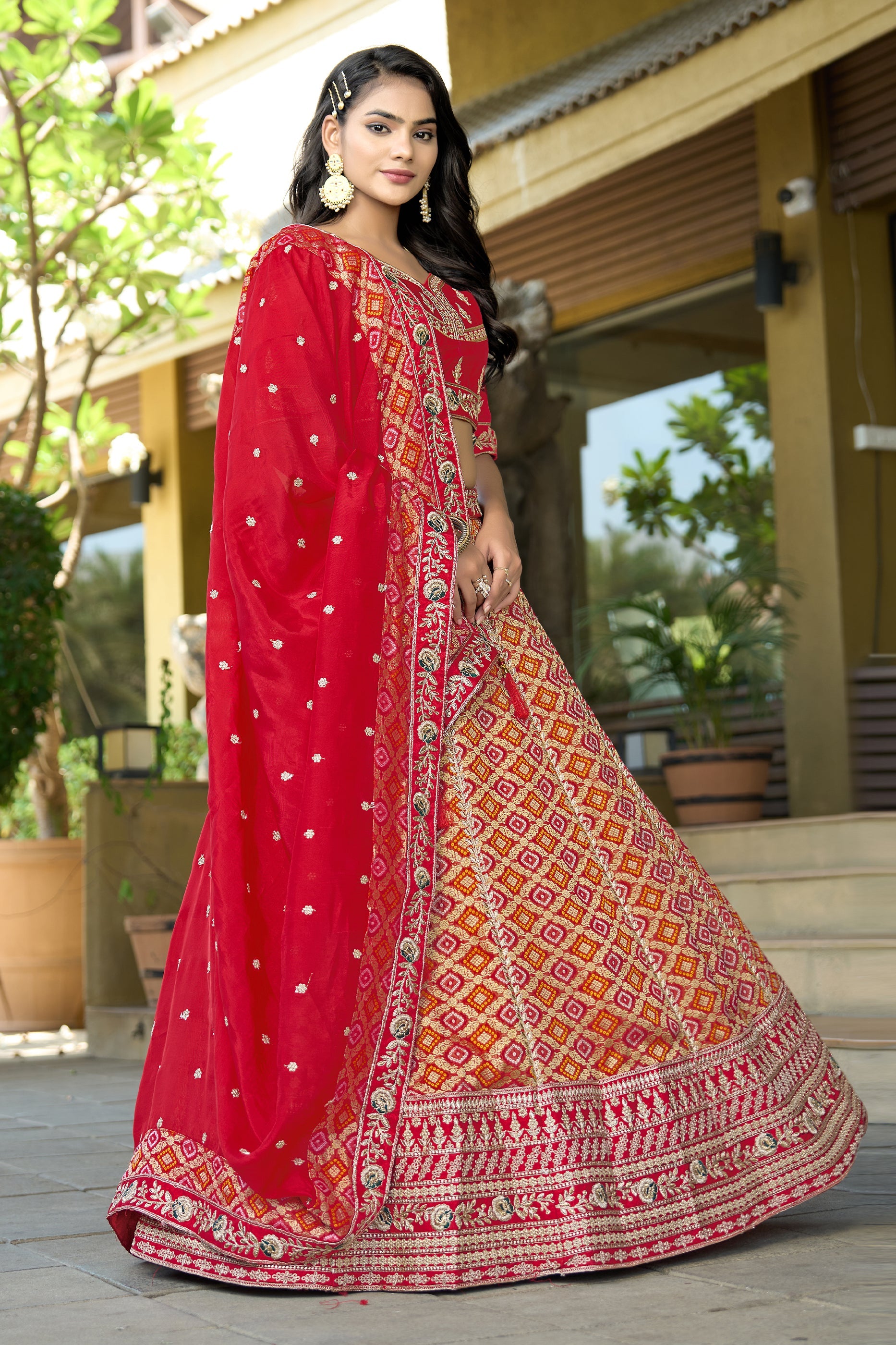 Red Semi-Stitched Embroidered Viscose Lehenga-SAR10735_3_SareeButa.com