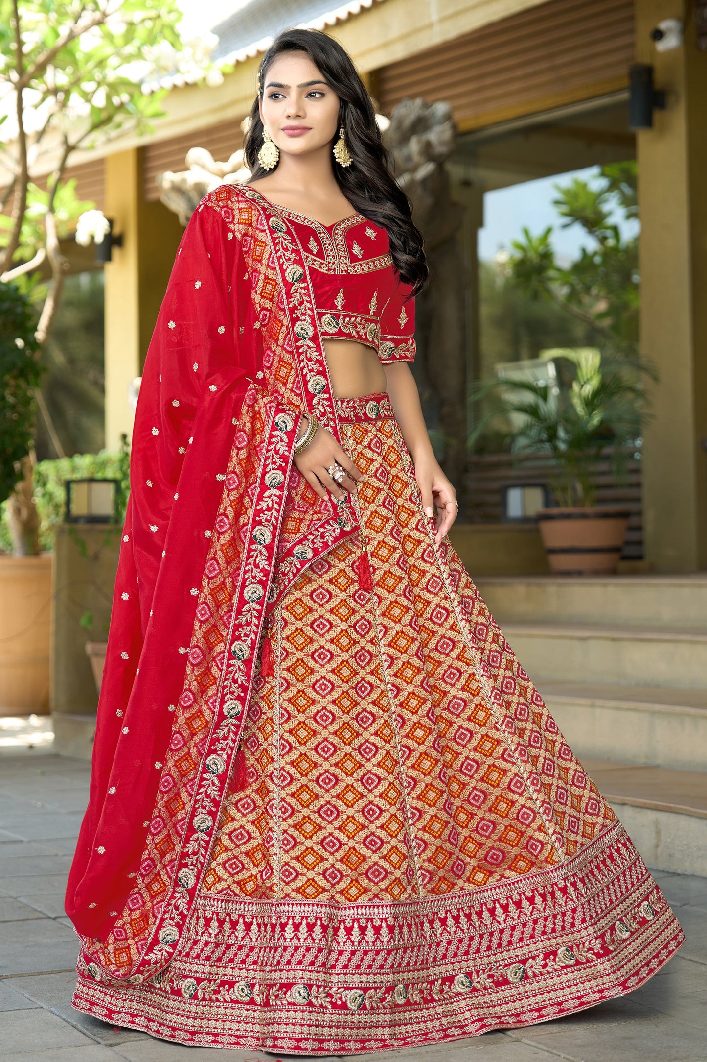 Red Semi-Stitched Embroidered Viscose Lehenga-SAR10735_4_SareeButa.com