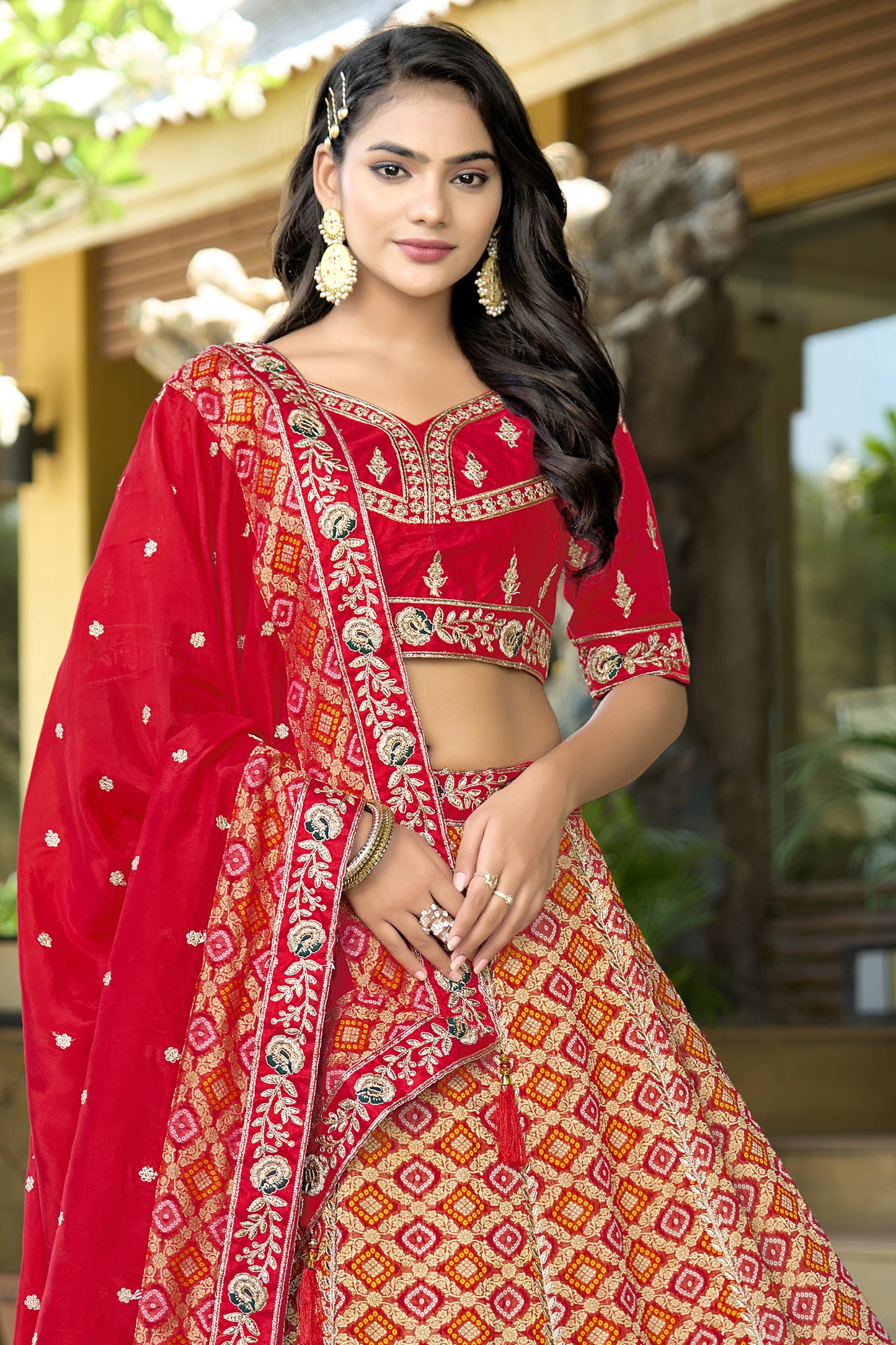 Red Semi-Stitched Embroidered Viscose Lehenga