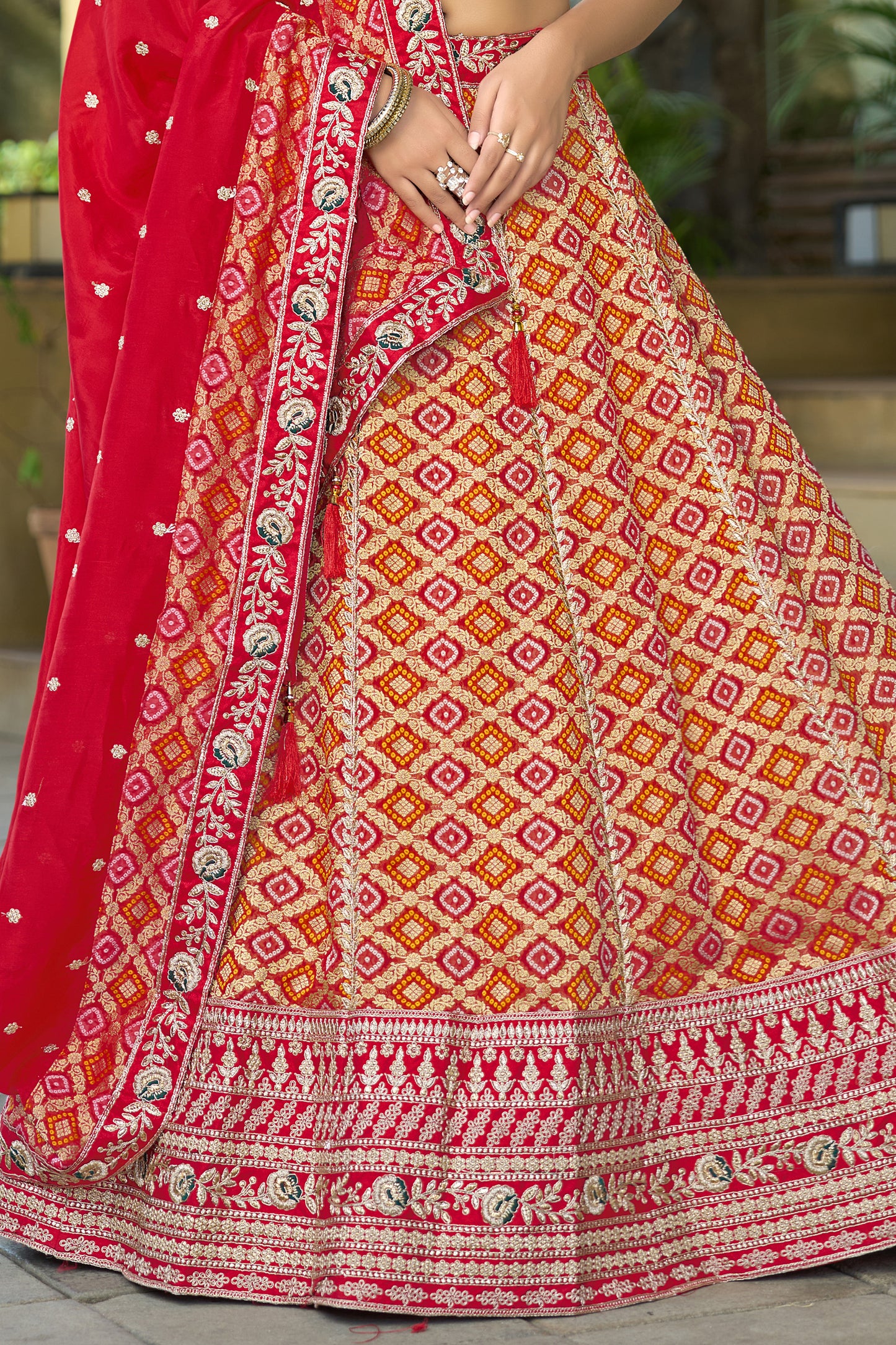 Red Semi-Stitched Embroidered Viscose Lehenga