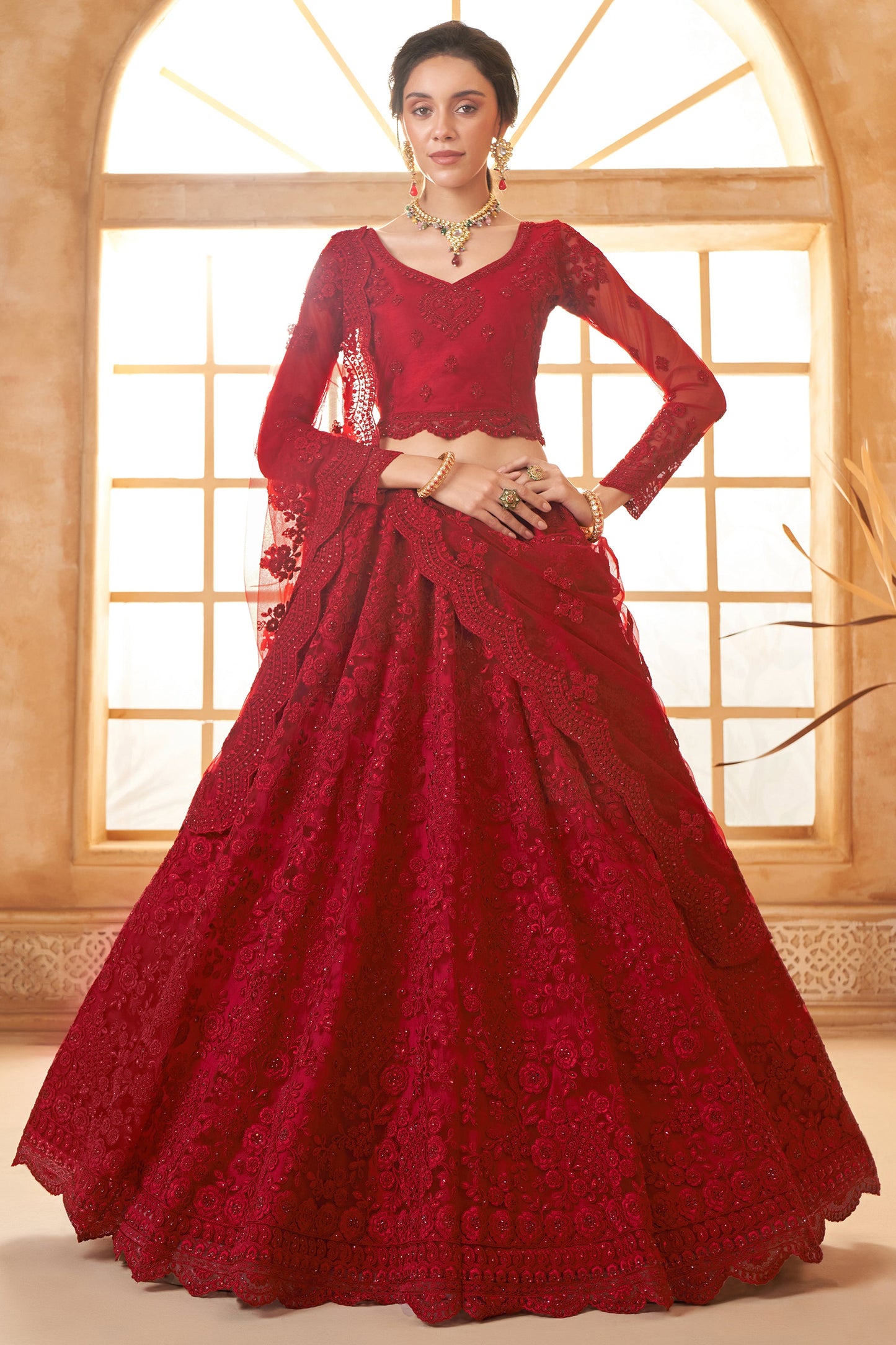 Red Semi Stitched Embroidered Net Lehenga-LC42_1_SareeButa.com