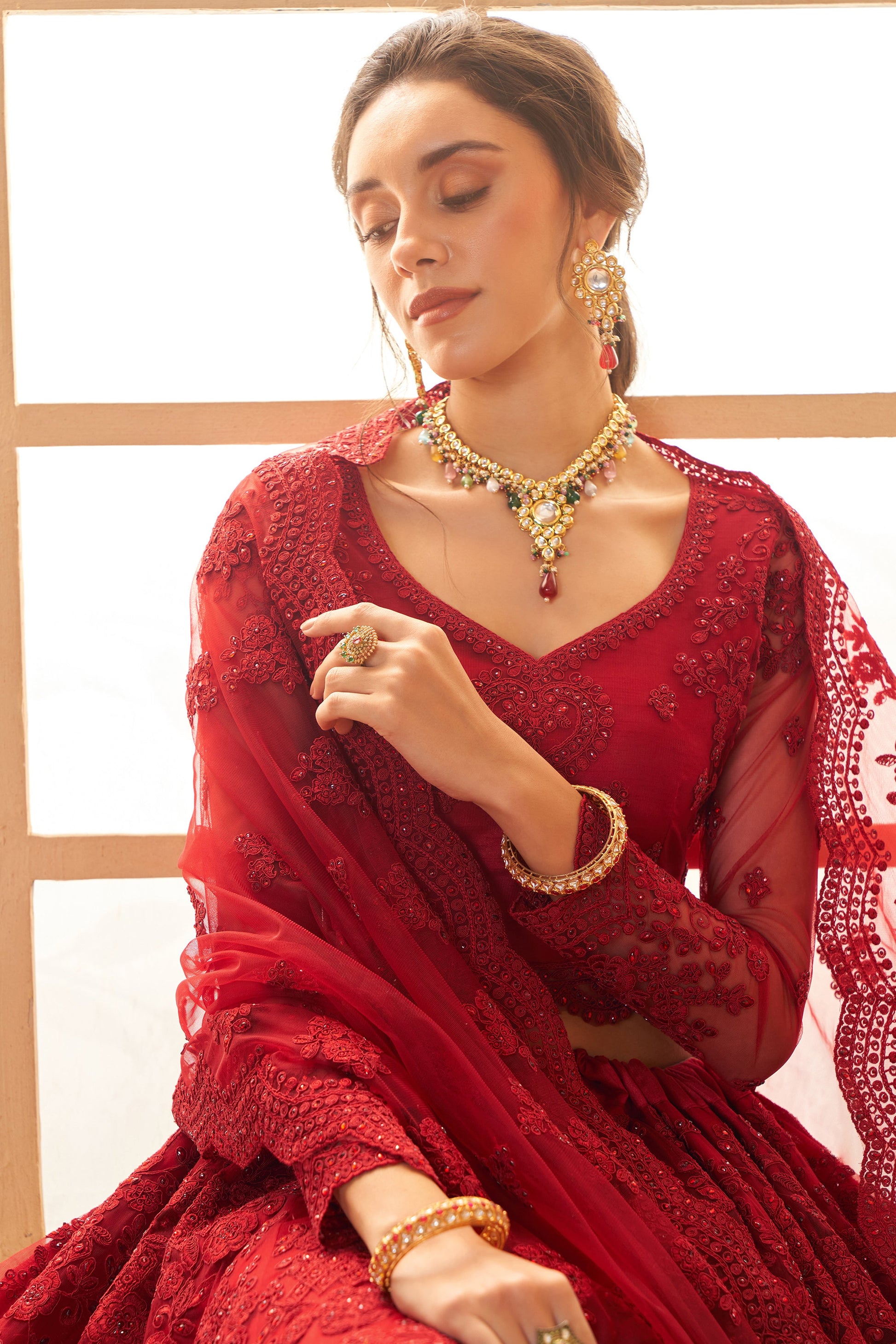 Red Semi Stitched Embroidered Net Lehenga-LC42_2_SareeButa.com