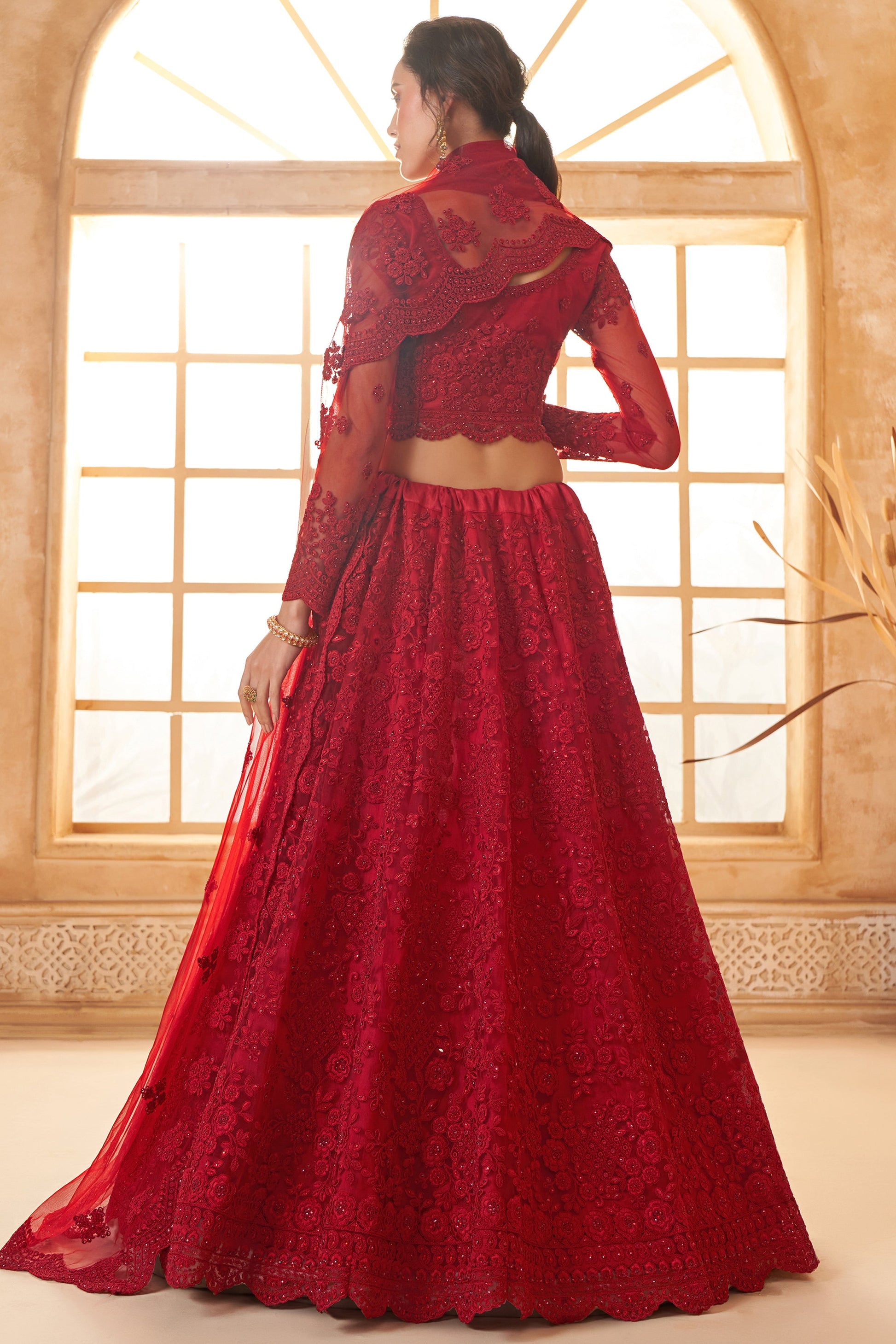 Red Semi Stitched Embroidered Net Lehenga-LC42_3_SareeButa.com