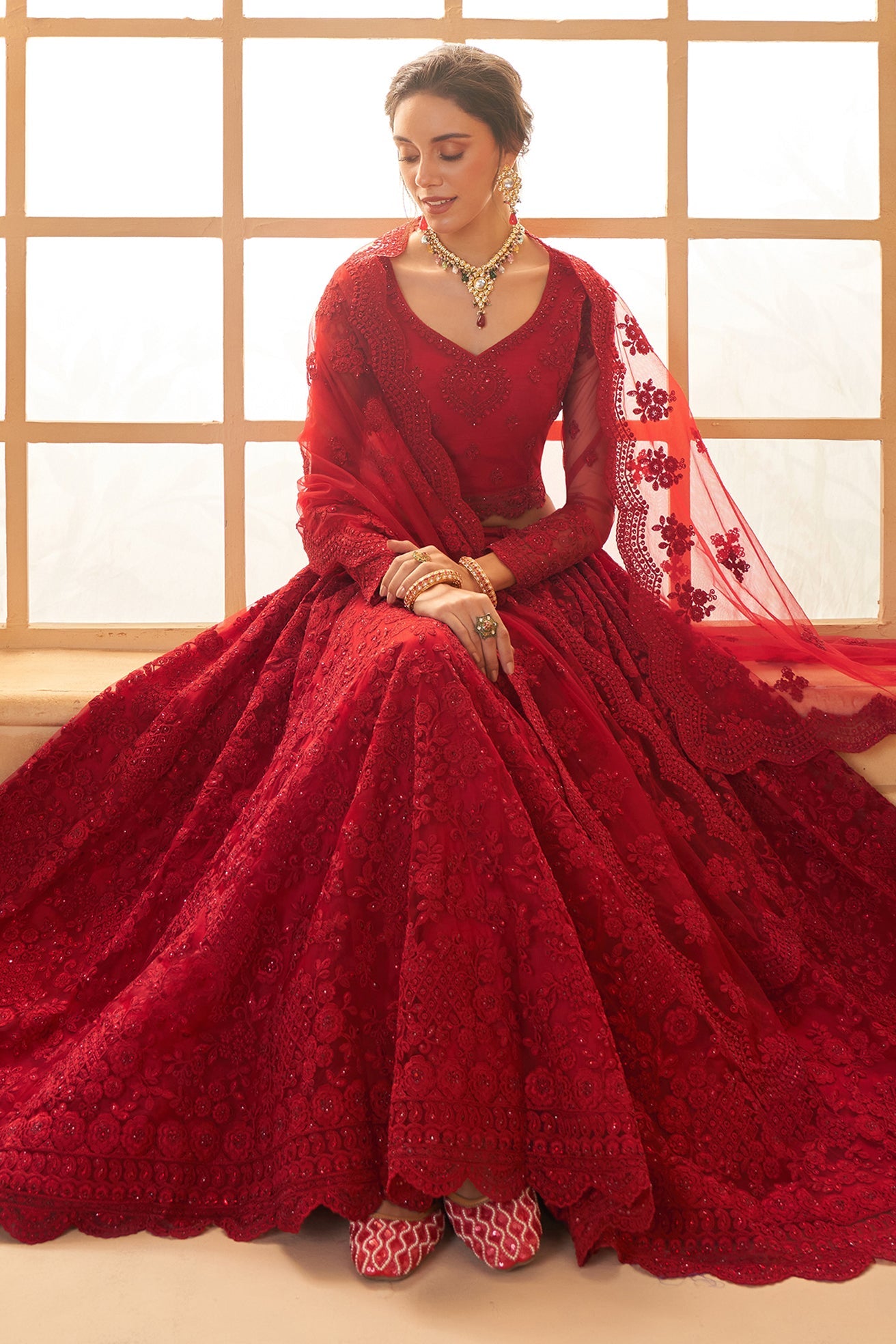 Red Semi Stitched Embroidered Net Lehenga-LC42_4_SareeButa.com