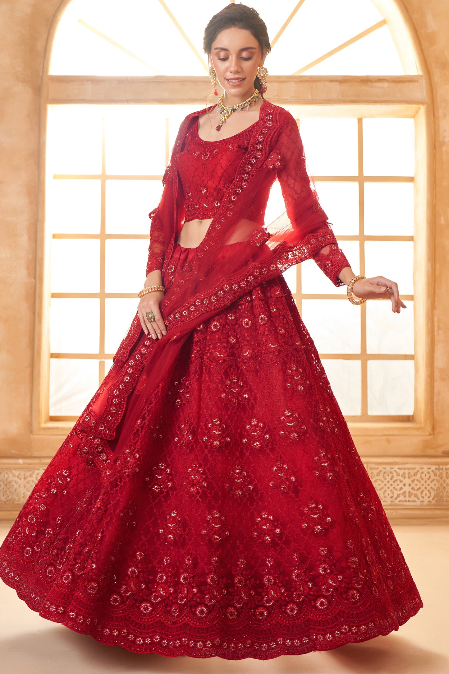 Red Semi Stitched Embroidered Net Lehenga-LC48_1_SareeButa.com