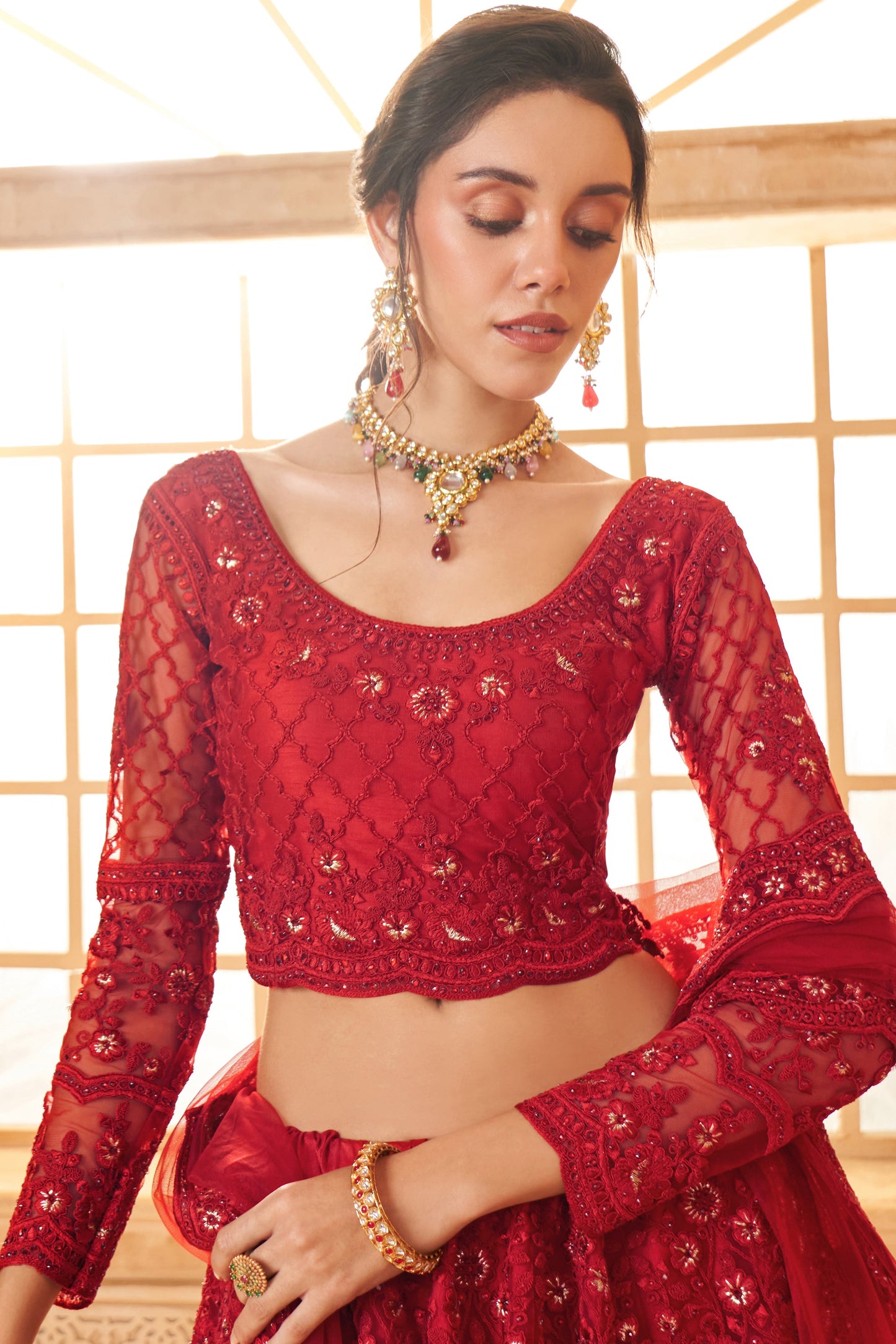 Red Semi Stitched Embroidered Net Lehenga-LC48_2_SareeButa.com