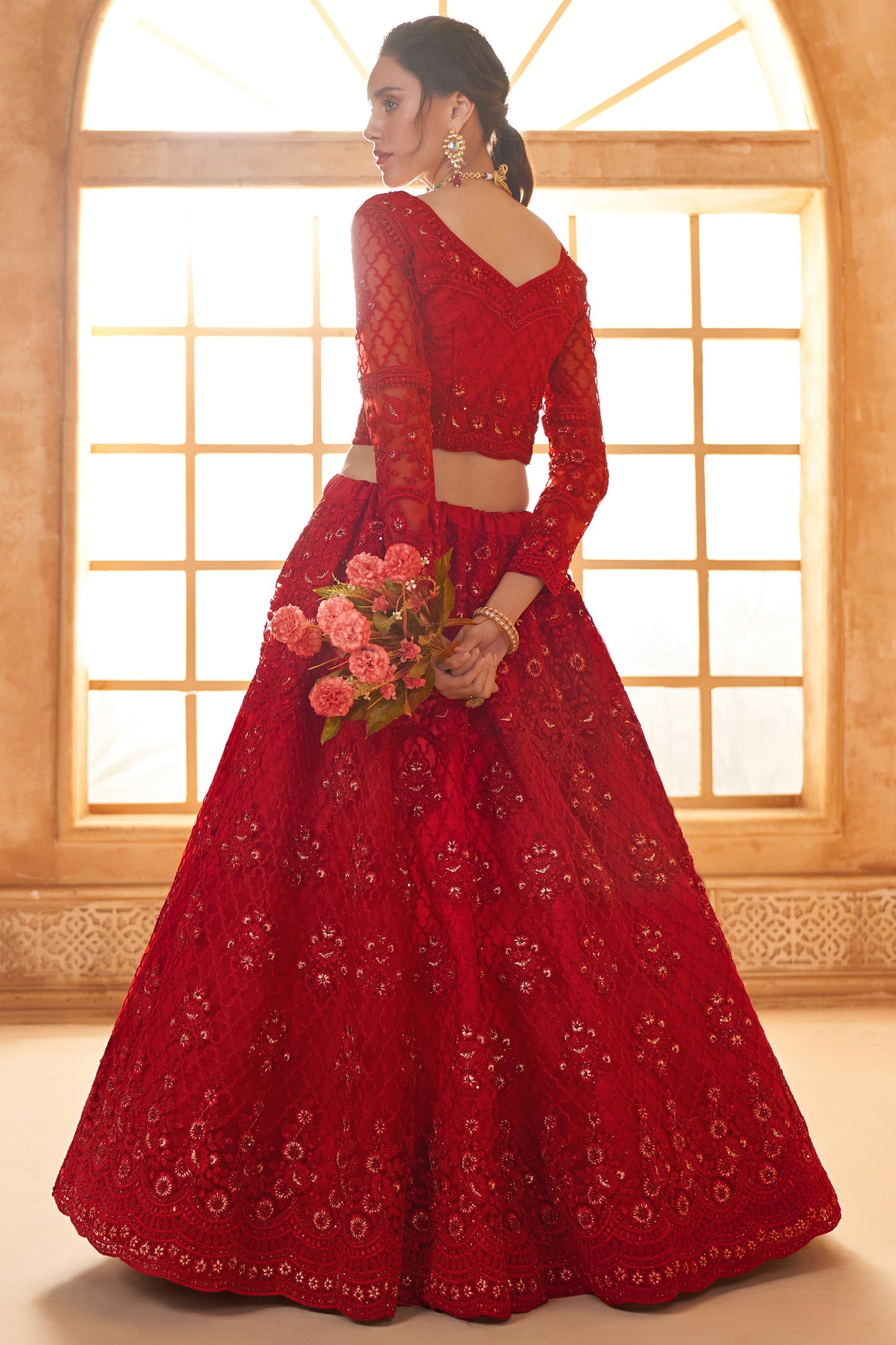 Red Semi Stitched Embroidered Net Lehenga-LC48_3_SareeButa.com