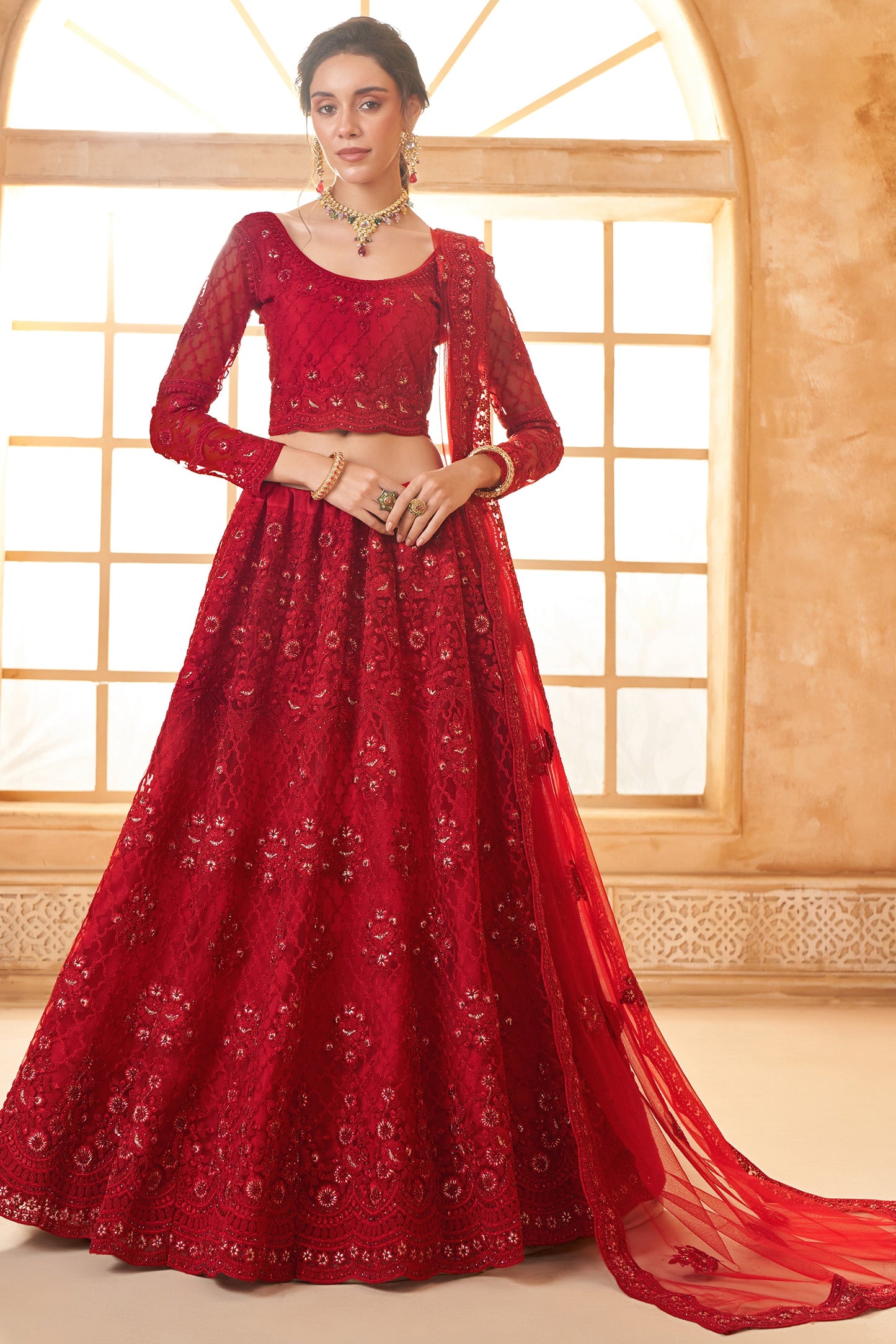 Red Semi Stitched Embroidered Net Lehenga-LC48_4_SareeButa.com