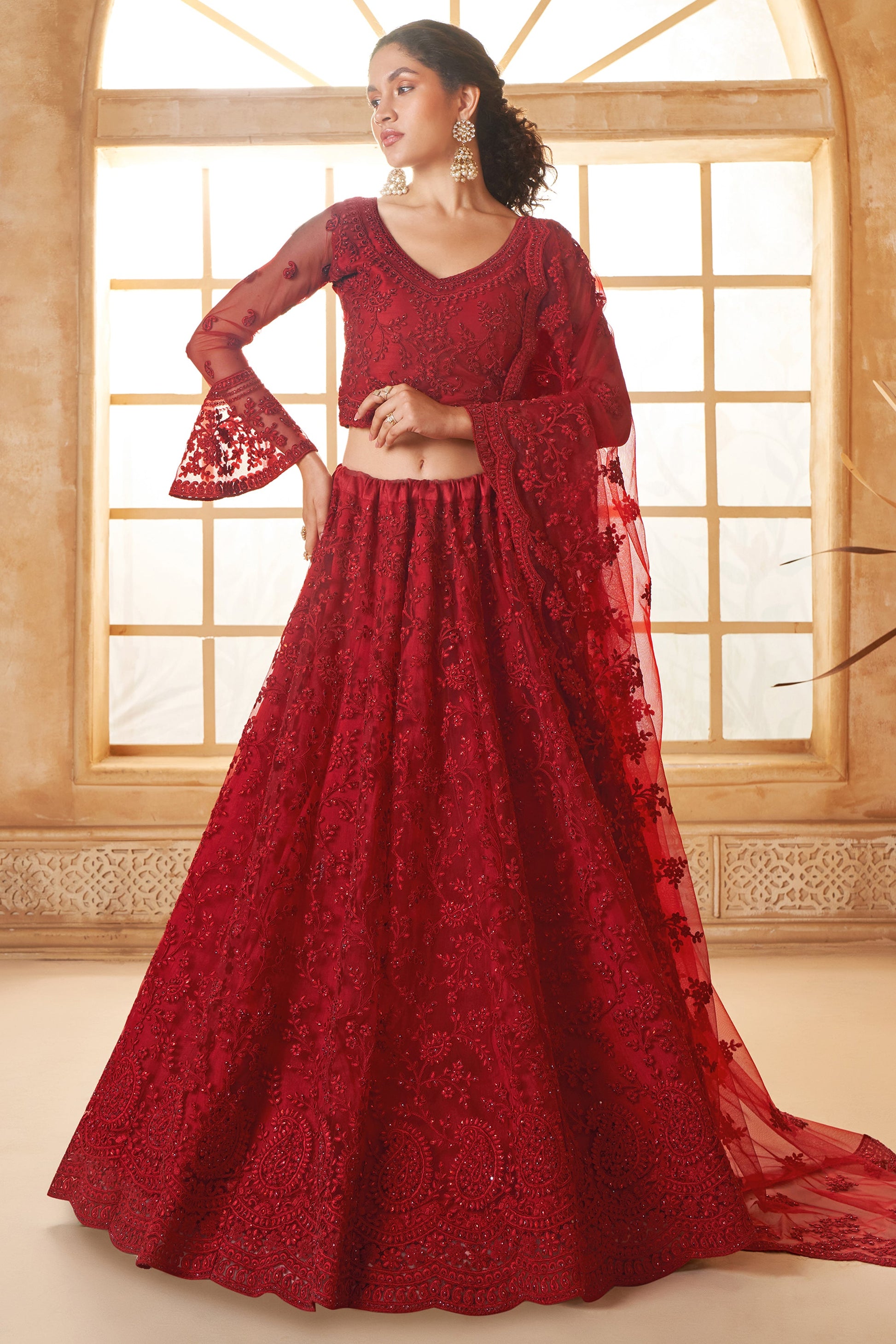 Red Semi Stitched Embroidered Net Lehenga-LC51_1_SareeButa.com