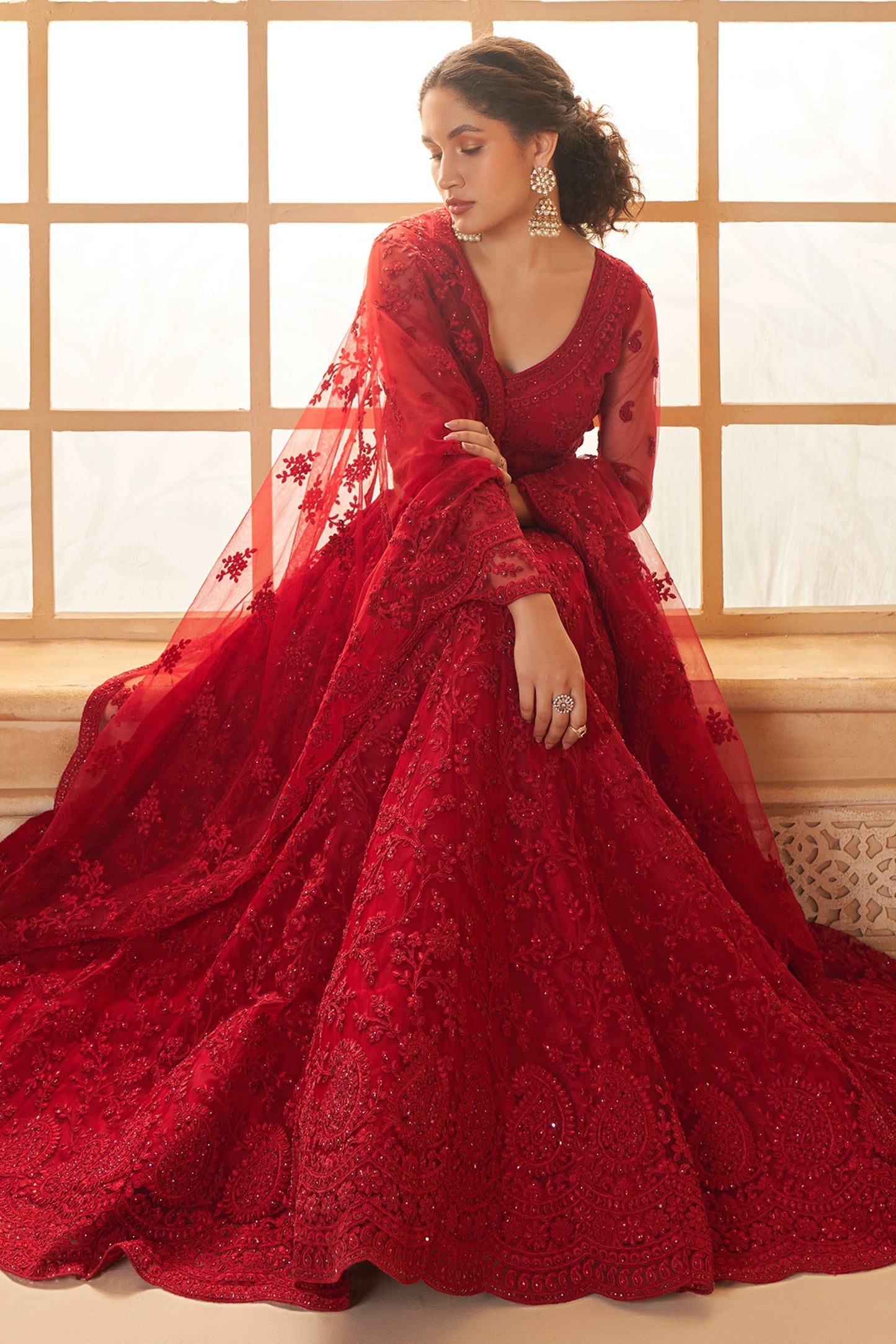 Red Semi Stitched Embroidered Net Lehenga-LC51_3_SareeButa.com