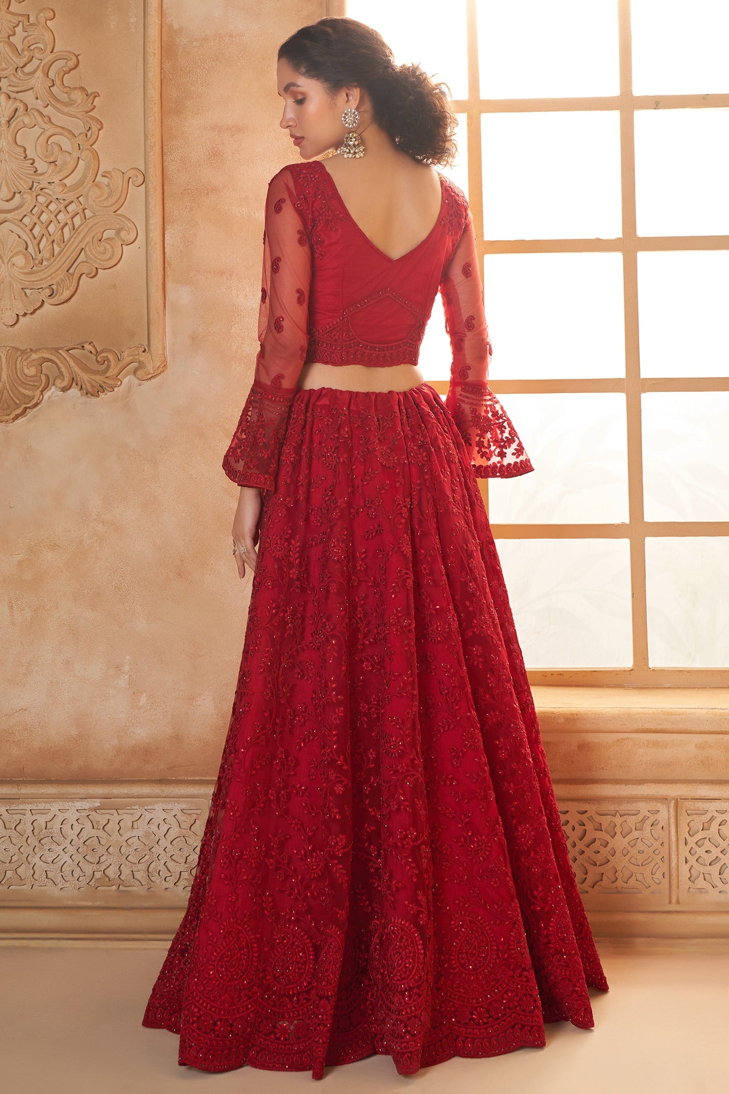 Red Semi Stitched Embroidered Net Lehenga-LC51_4_SareeButa.com