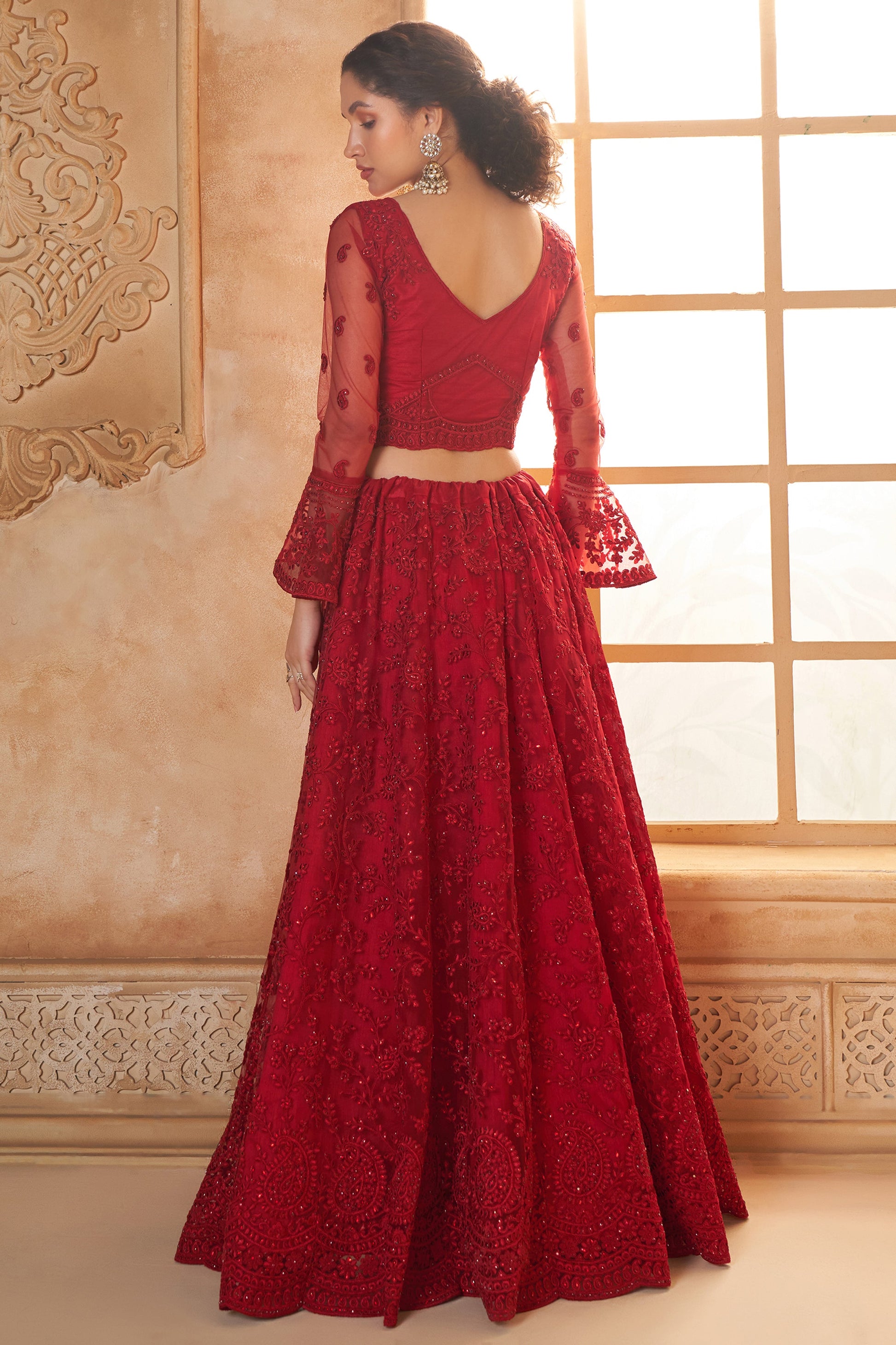 Red Semi Stitched Embroidered Net Lehenga-LC51_4_SareeButa.com