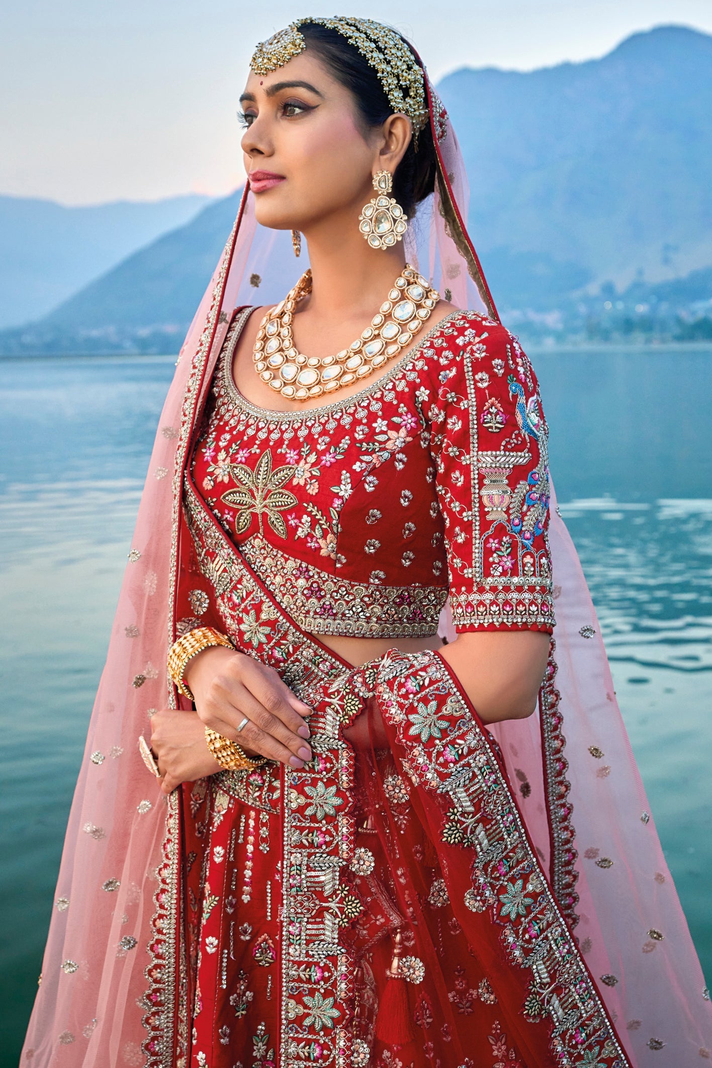 Red Semi Stitched Embroidered Silk Lehenga-LC24_3_SareeButa.com