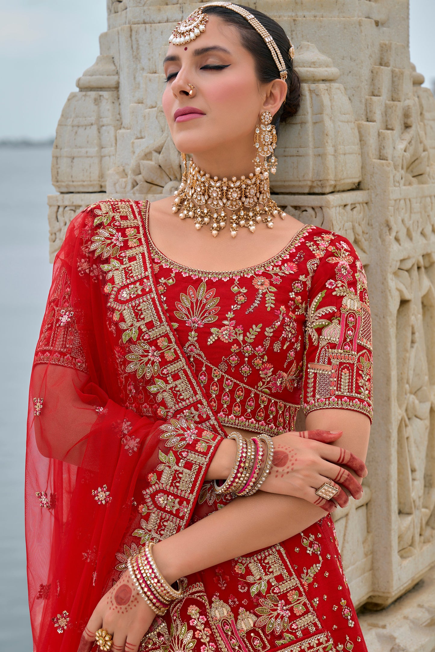 Red Semi Stitched Embroidered Silk Lehenga-LC31_2_SareeButa.com