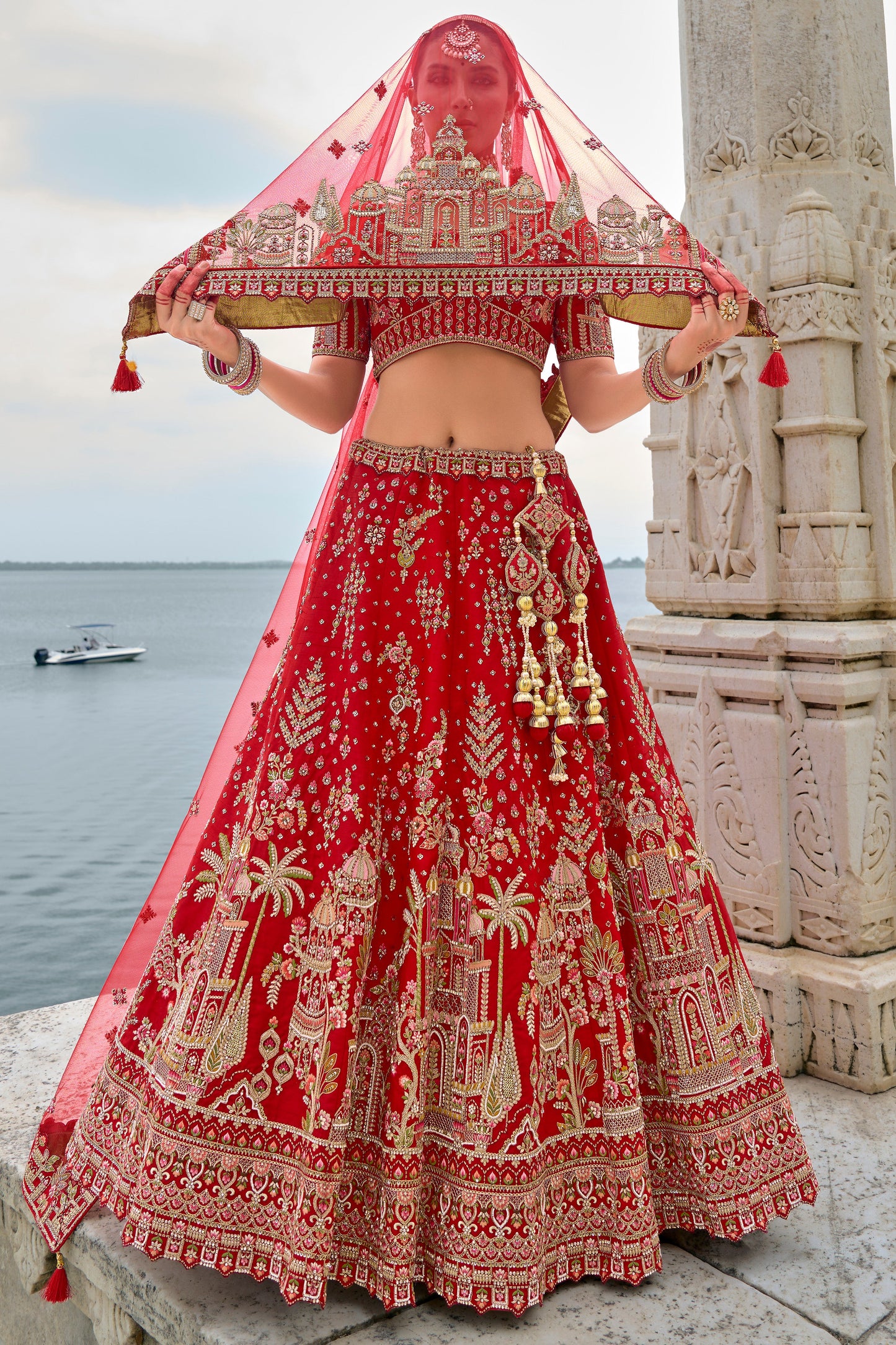 Red Semi Stitched Embroidered Silk Lehenga-LC31_3_SareeButa.com