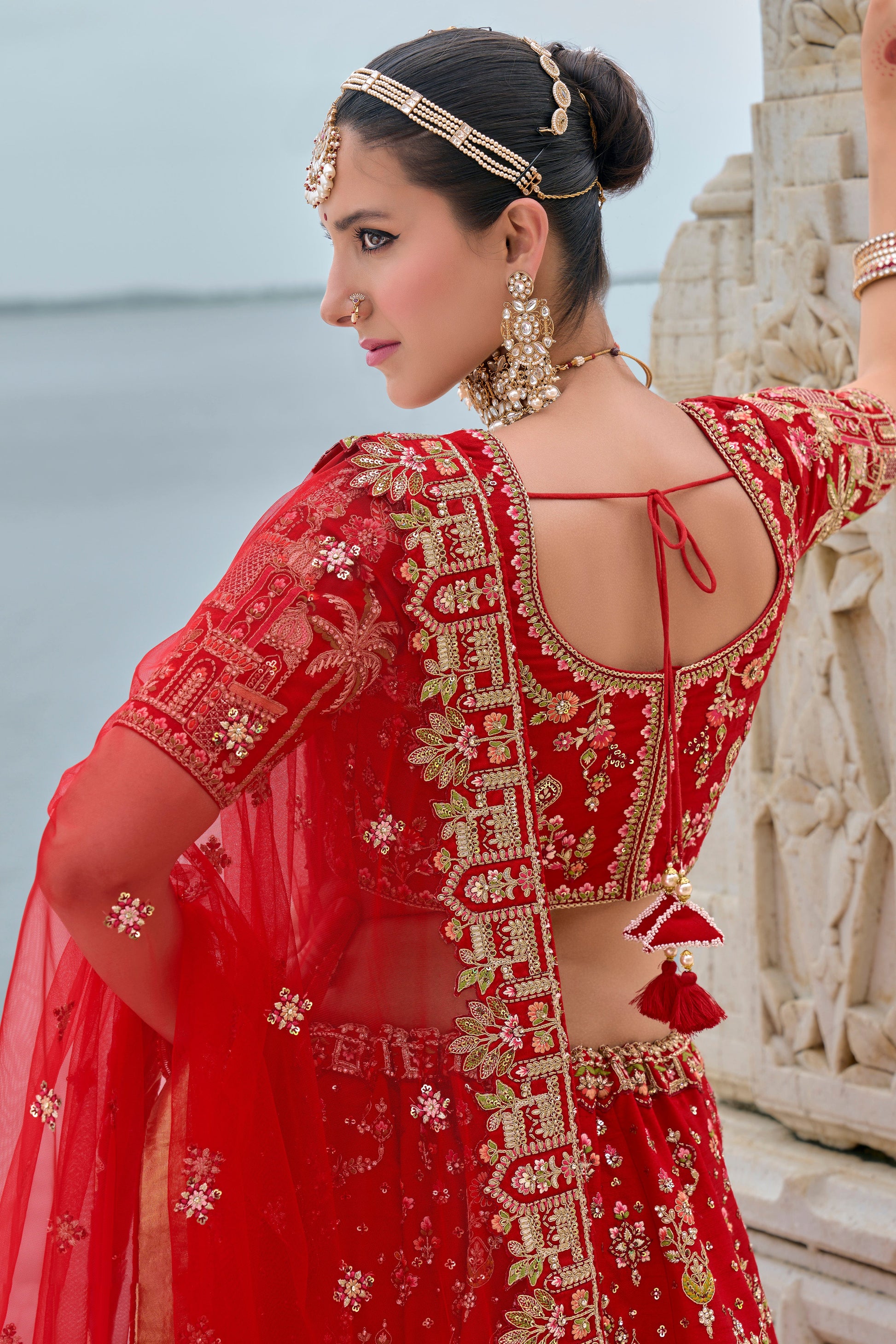 Red Semi Stitched Embroidered Silk Lehenga-LC31_4_SareeButa.com