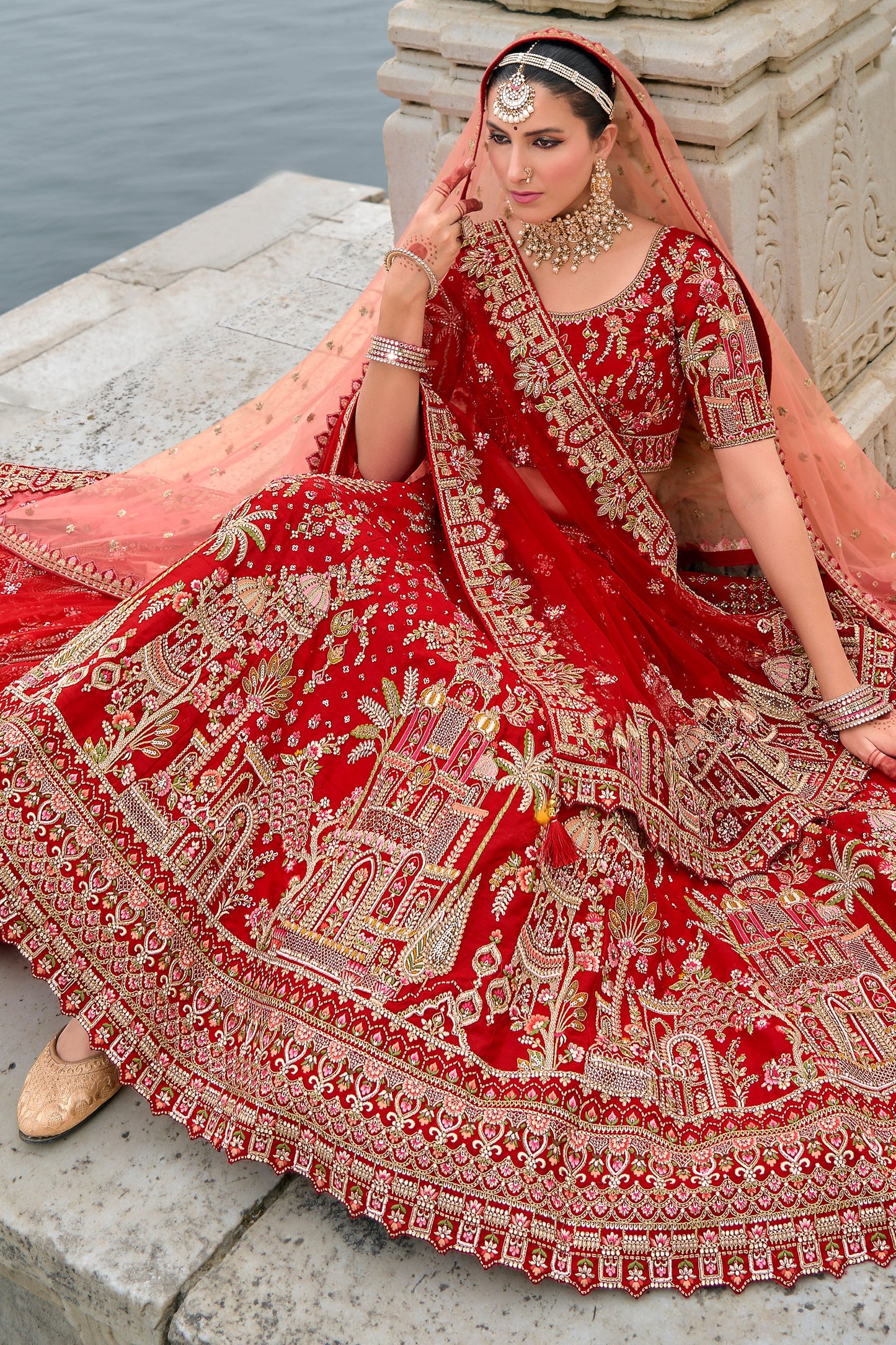 Red Semi Stitched Embroidered Silk Lehenga-LC31_5_SareeButa.com