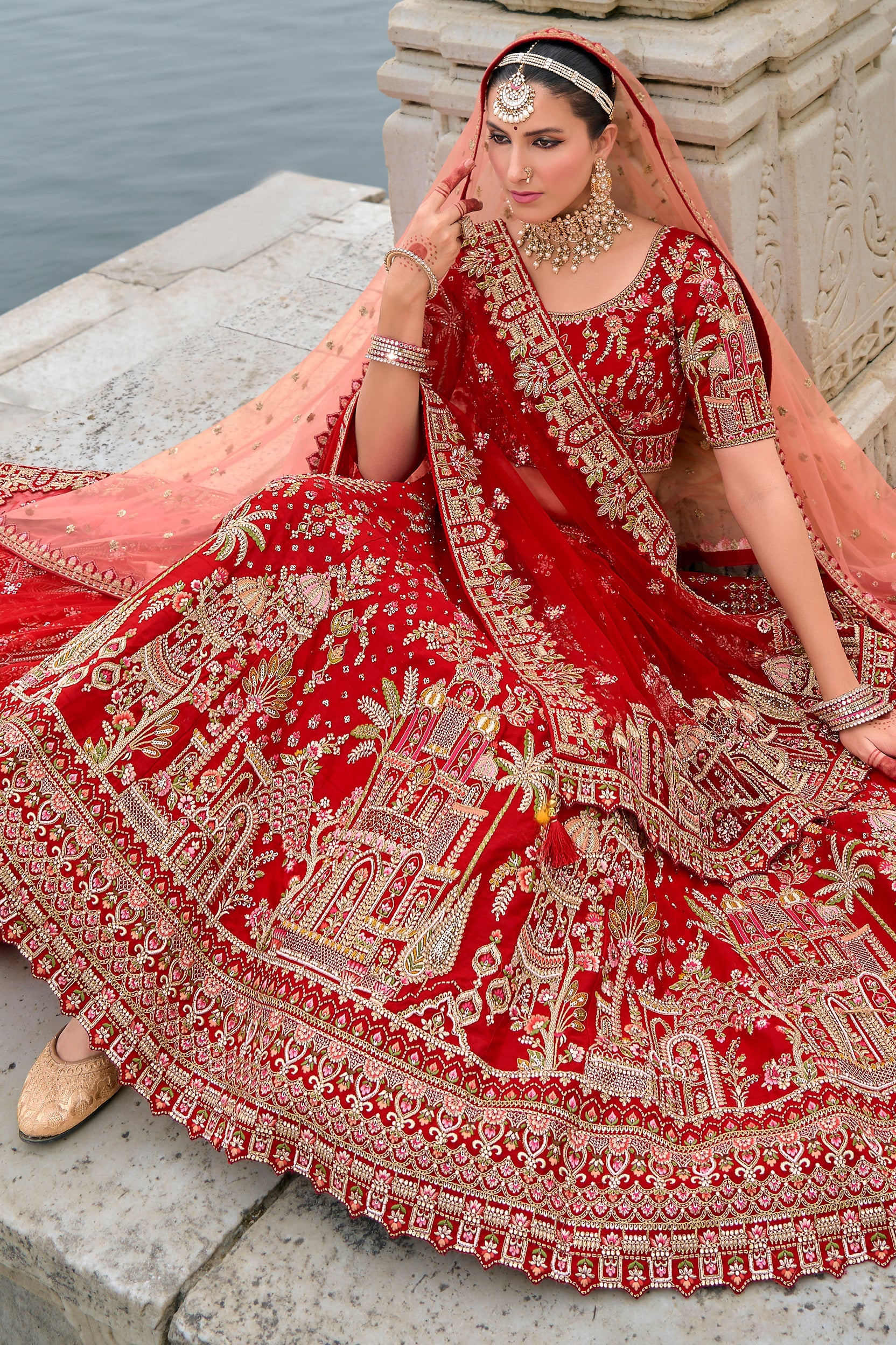 Red Semi Stitched Embroidered Silk Lehenga-LC31_5_SareeButa.com