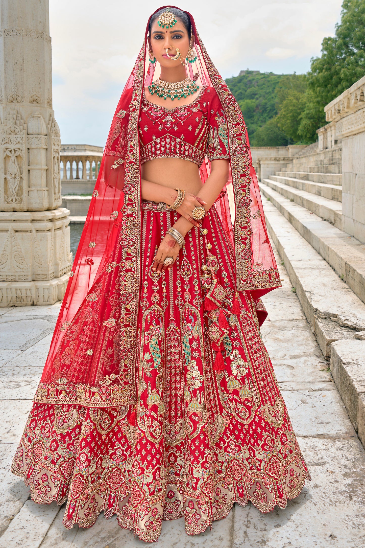 Red Semi Stitched Embroidered Silk Lehenga-LC33_1_SareeButa.com