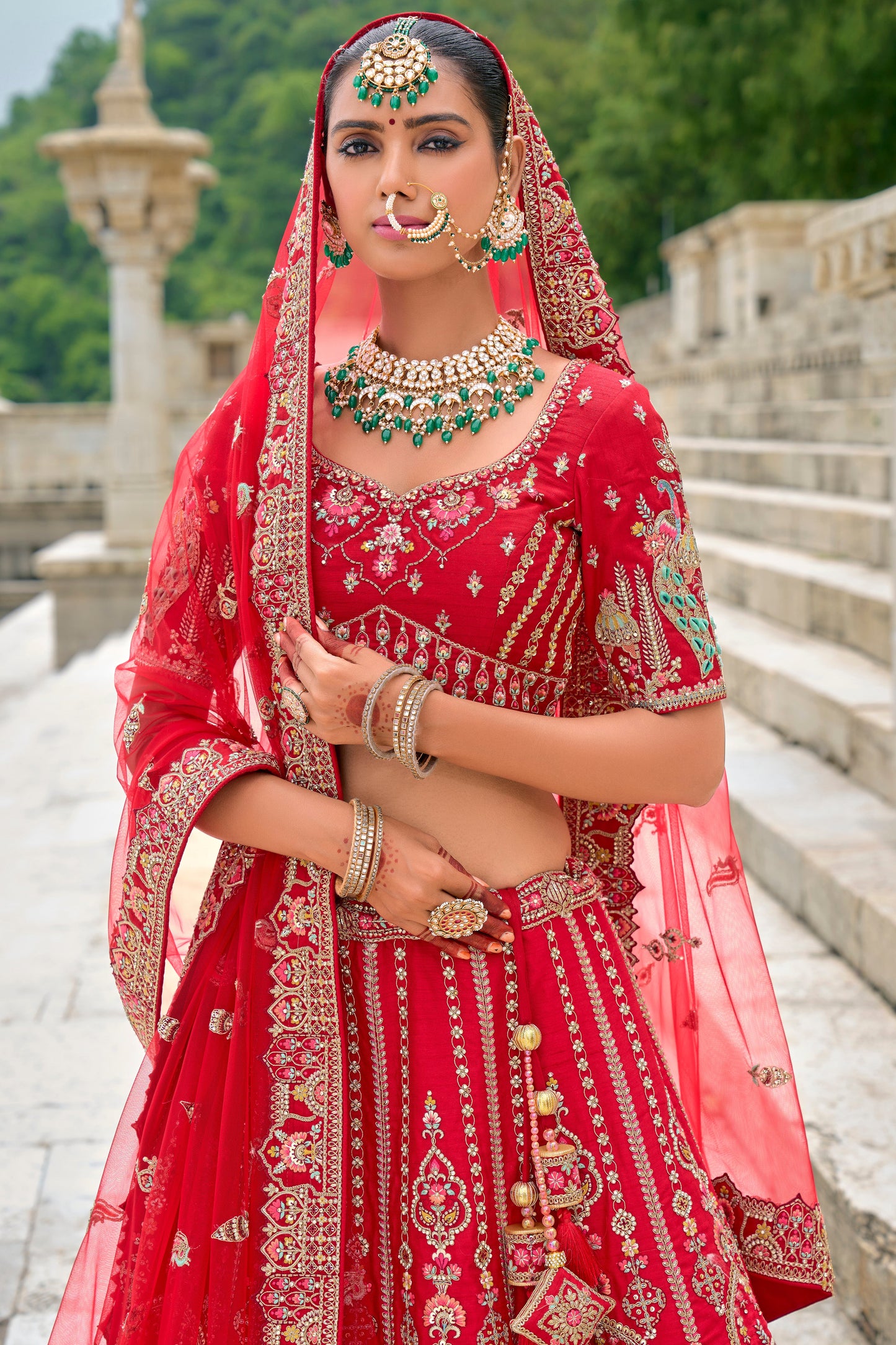 Red Semi Stitched Embroidered Silk Lehenga-LC33_2_SareeButa.com