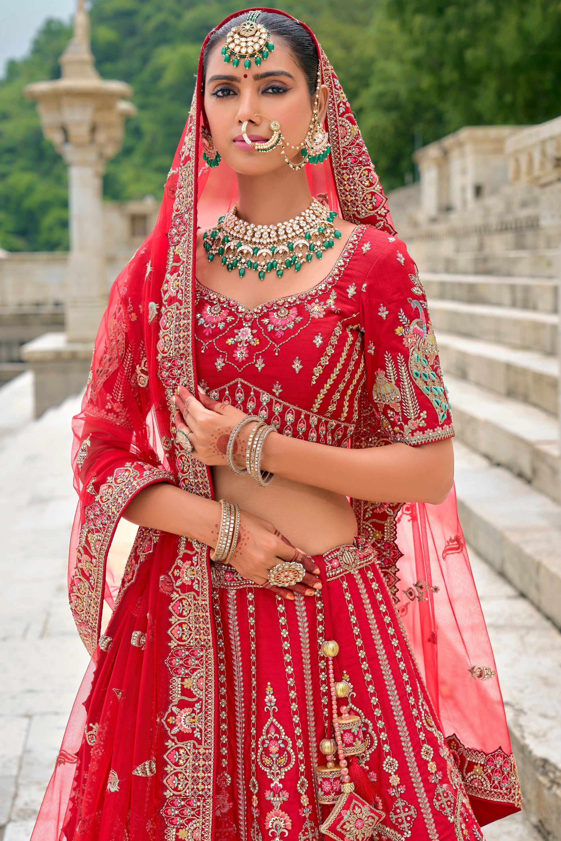 Red Semi Stitched Embroidered Silk Lehenga-LC33_2_SareeButa.com