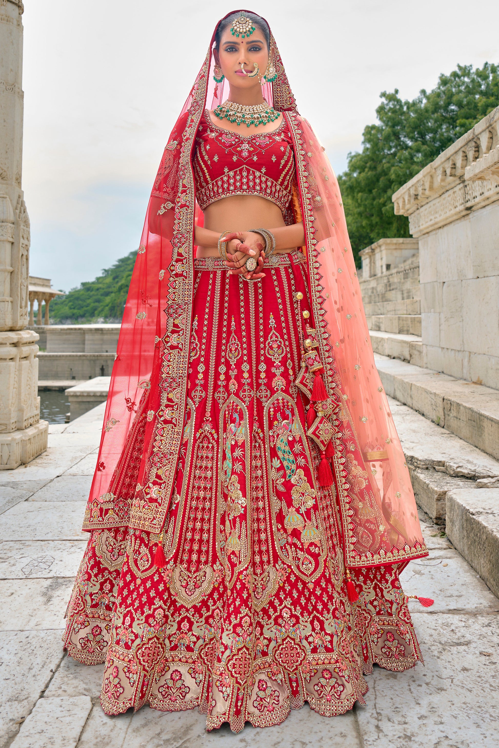 Red Semi Stitched Embroidered Silk Lehenga-LC33_3_SareeButa.com