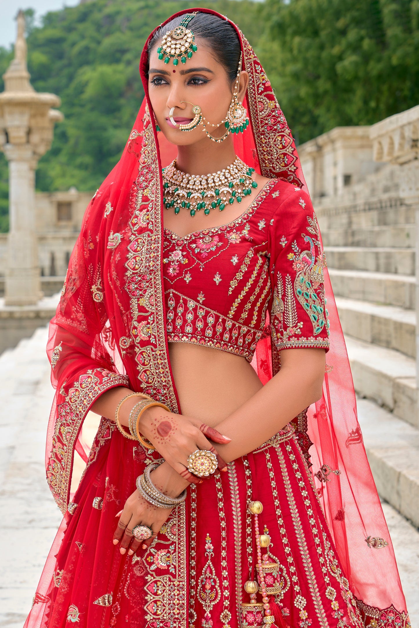 Red Semi Stitched Embroidered Silk Lehenga-LC33_4_SareeButa.com