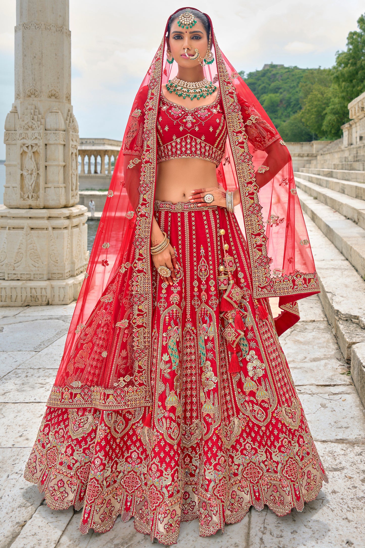 Red Semi Stitched Embroidered Silk Lehenga-LC33_5_SareeButa.com