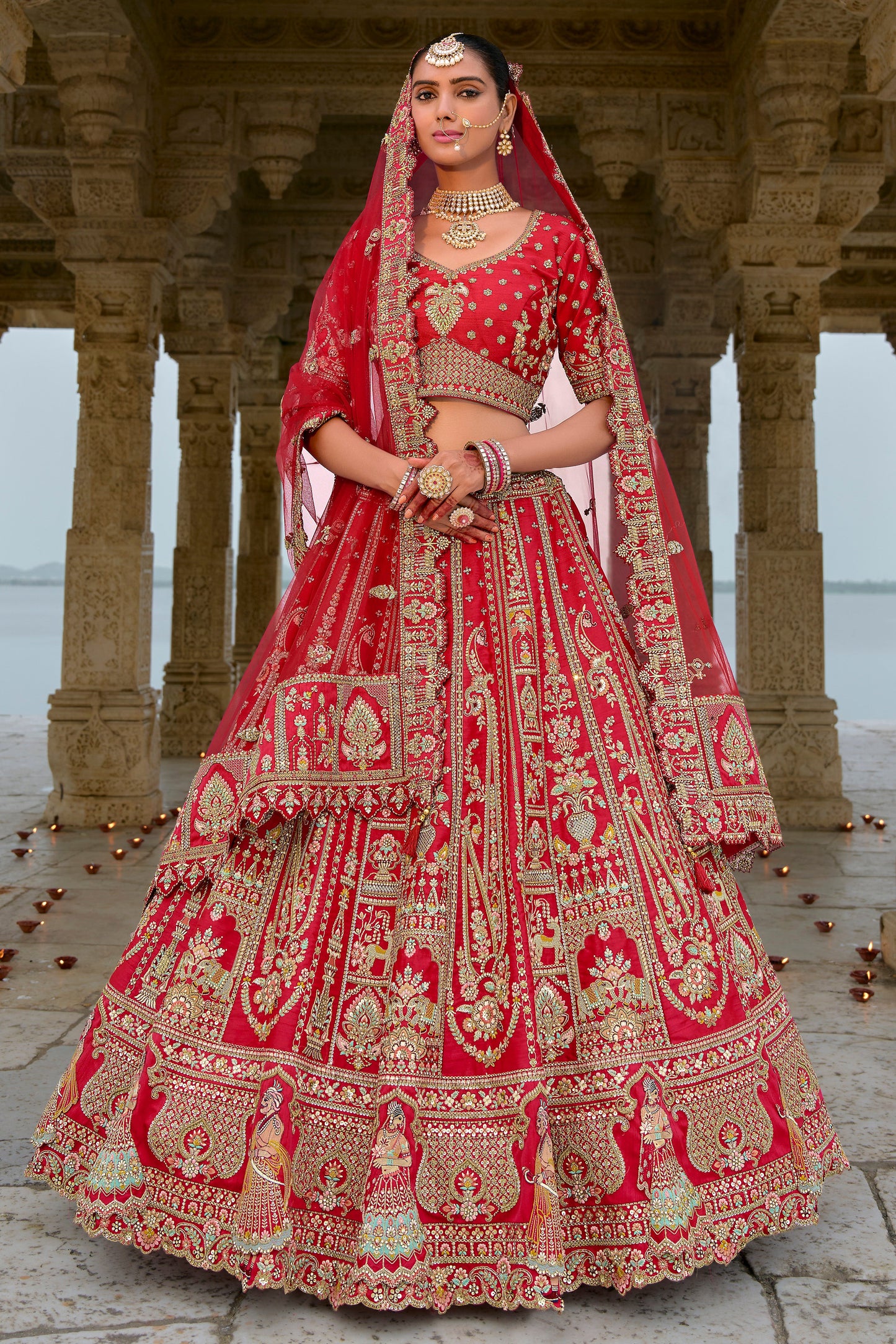 Red Semi Stitched Embroidered Silk Lehenga-LC38_1_SareeButa.com