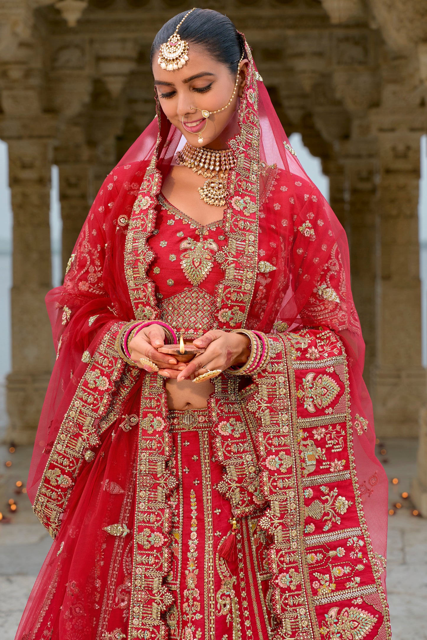 Red Semi Stitched Embroidered Silk Lehenga-LC38_2_SareeButa.com