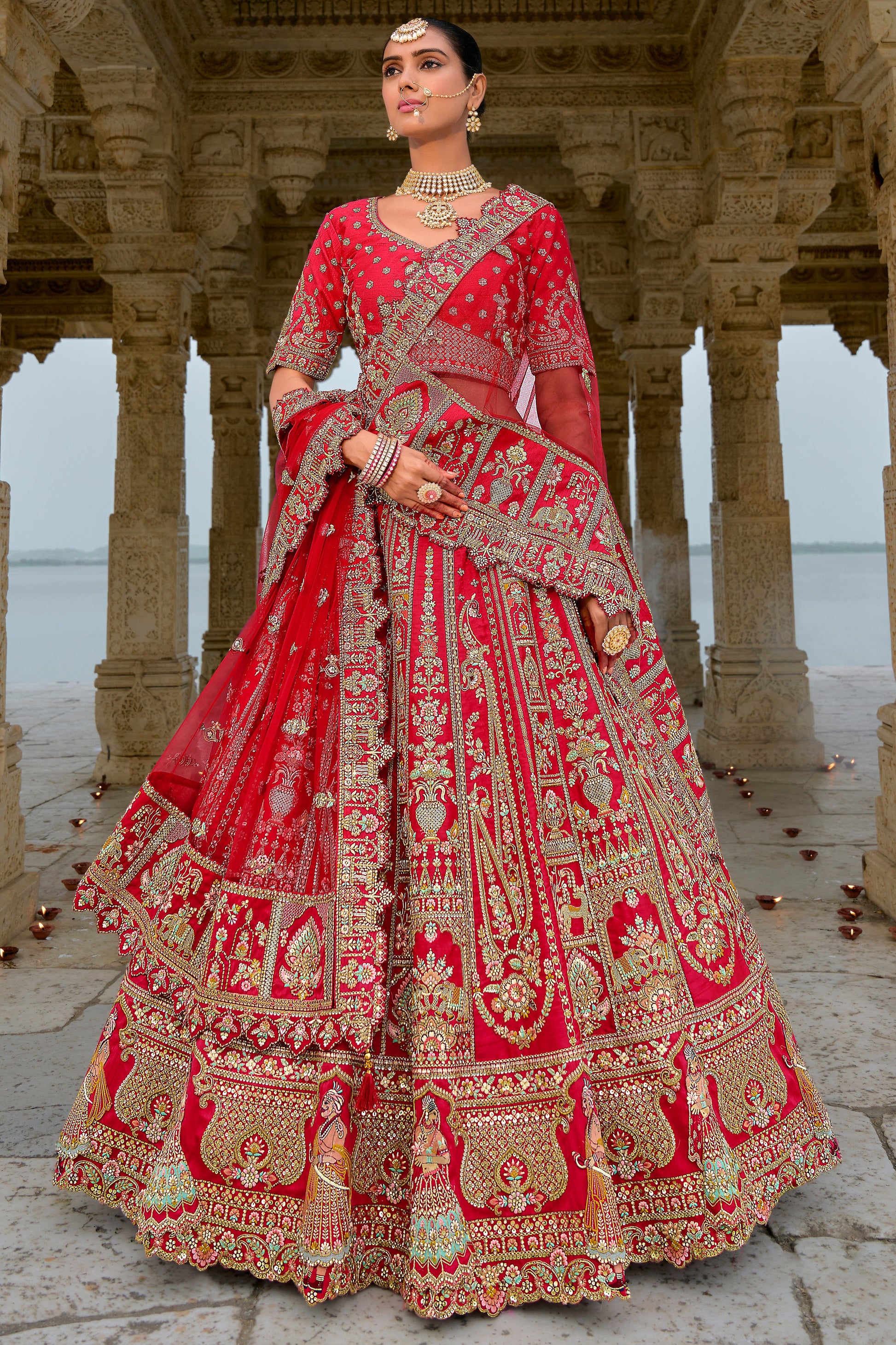 Red Semi Stitched Embroidered Silk Lehenga-LC38_3_SareeButa.com