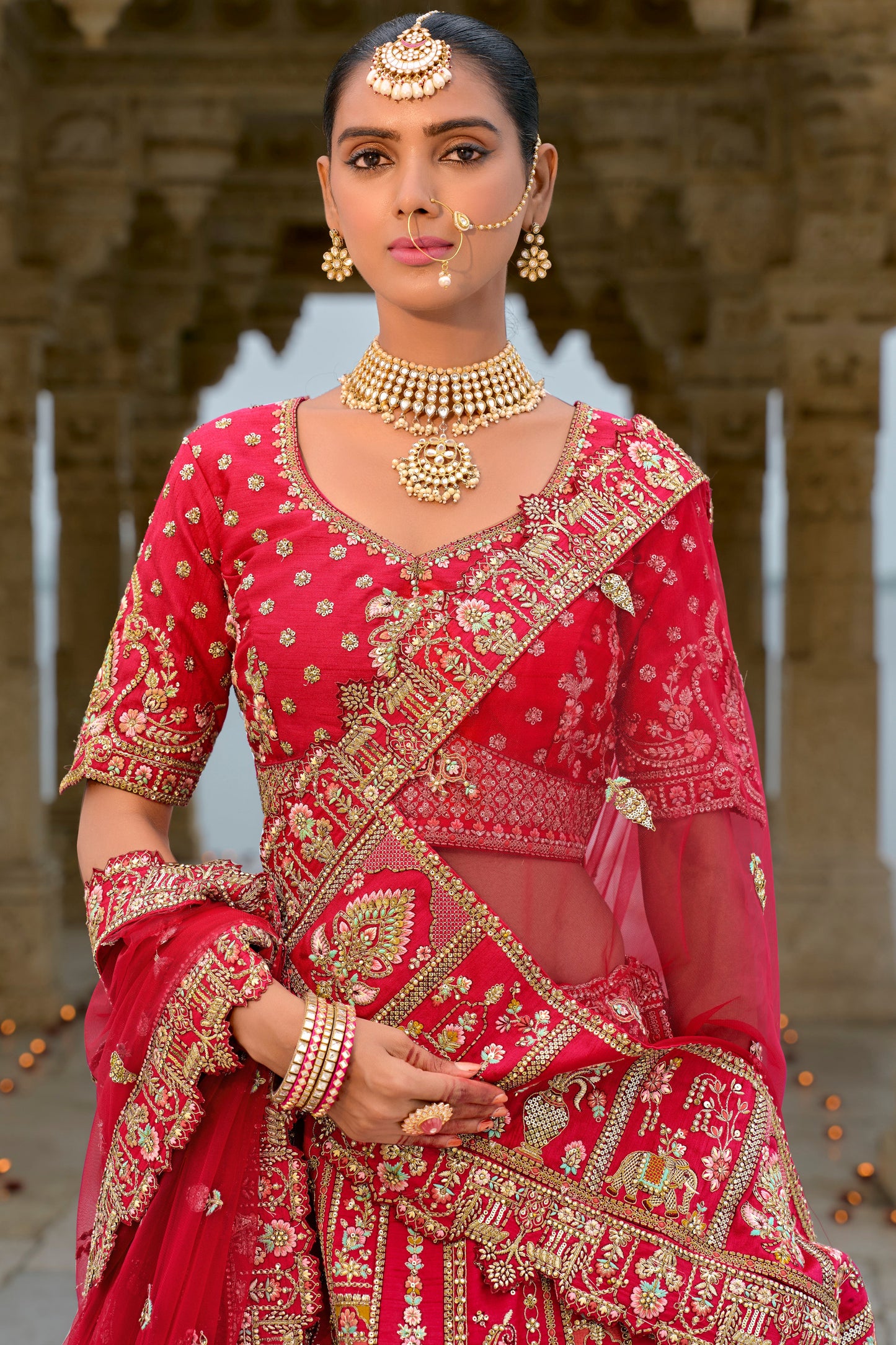 Red Semi Stitched Embroidered Silk Lehenga-LC38_4_SareeButa.com