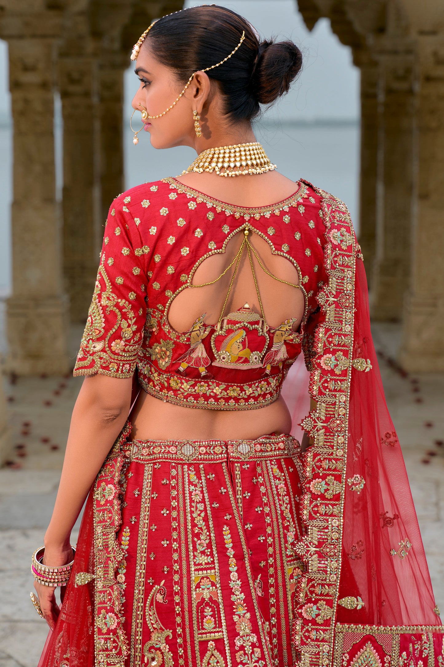 Red Semi Stitched Embroidered Silk Lehenga-LC38_5_SareeButa.com