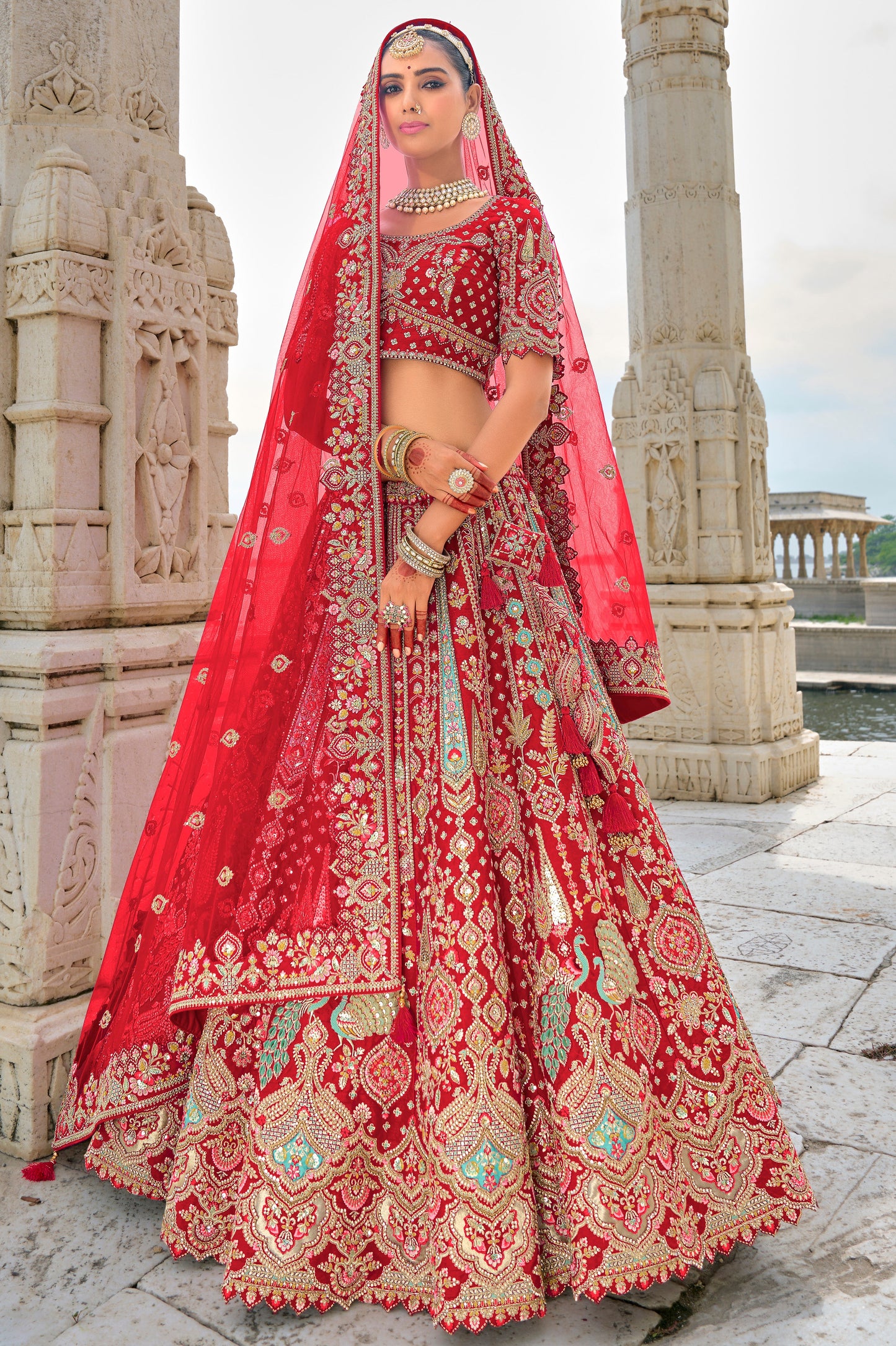 Red Semi Stitched Embroidered Silk Lehenga-LC39_1_SareeButa.com