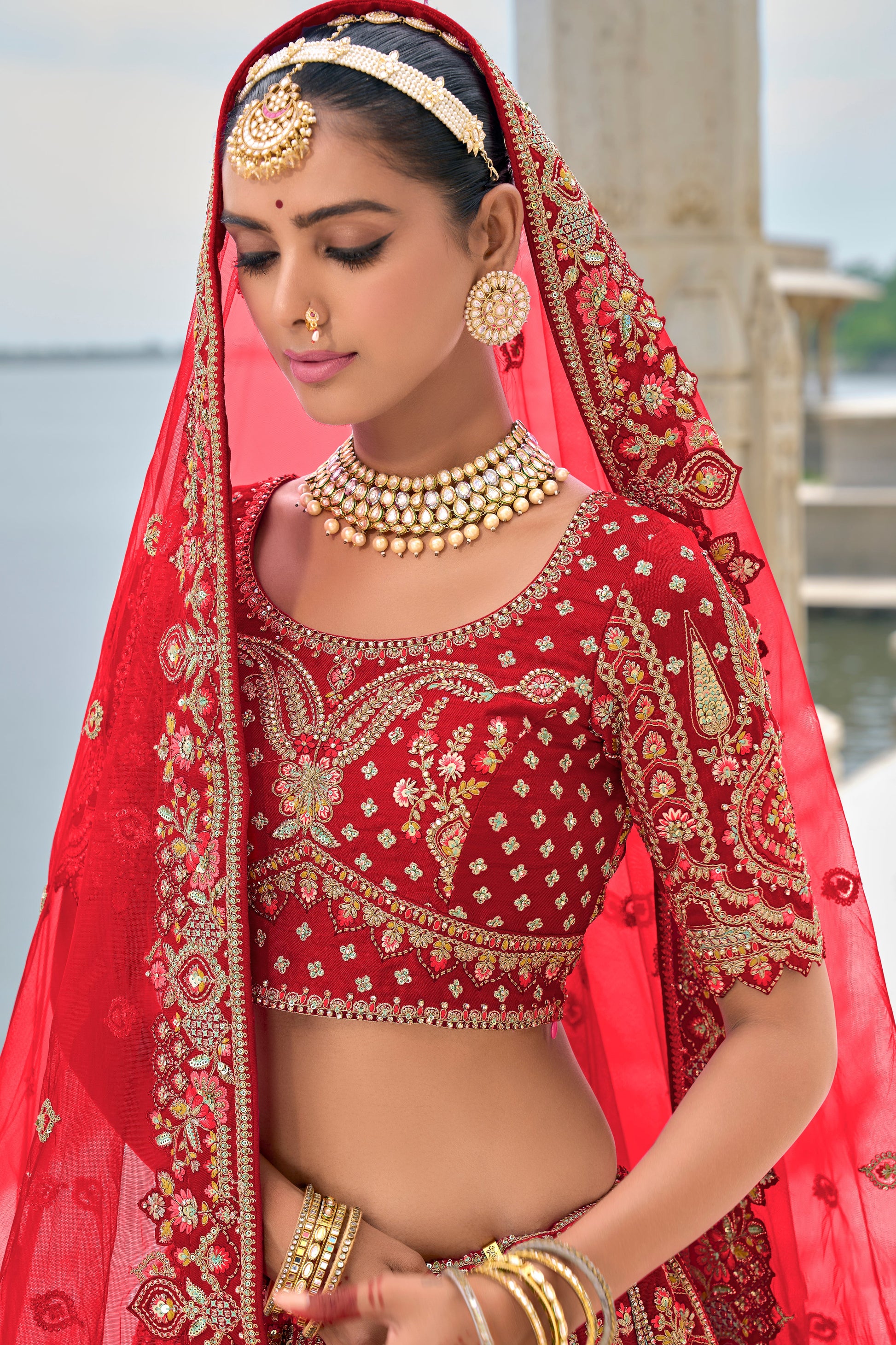 Red Semi Stitched Embroidered Silk Lehenga-LC39_4_SareeButa.com