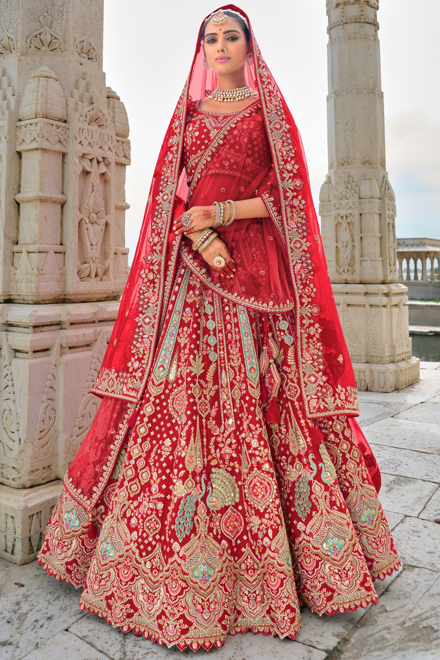 Red Semi Stitched Embroidered Silk Lehenga-LC39_5_SareeButa.com