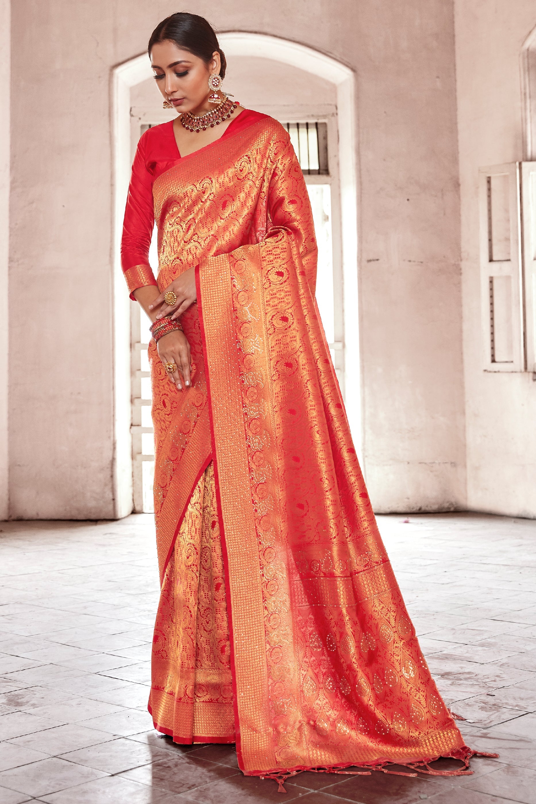 Red Stone Work Silk Saree-SAR11461_1_SareeButa.com