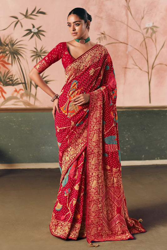 Red Woven Georgette Bandhani Saree-SAR10971_1_SareeButa.com