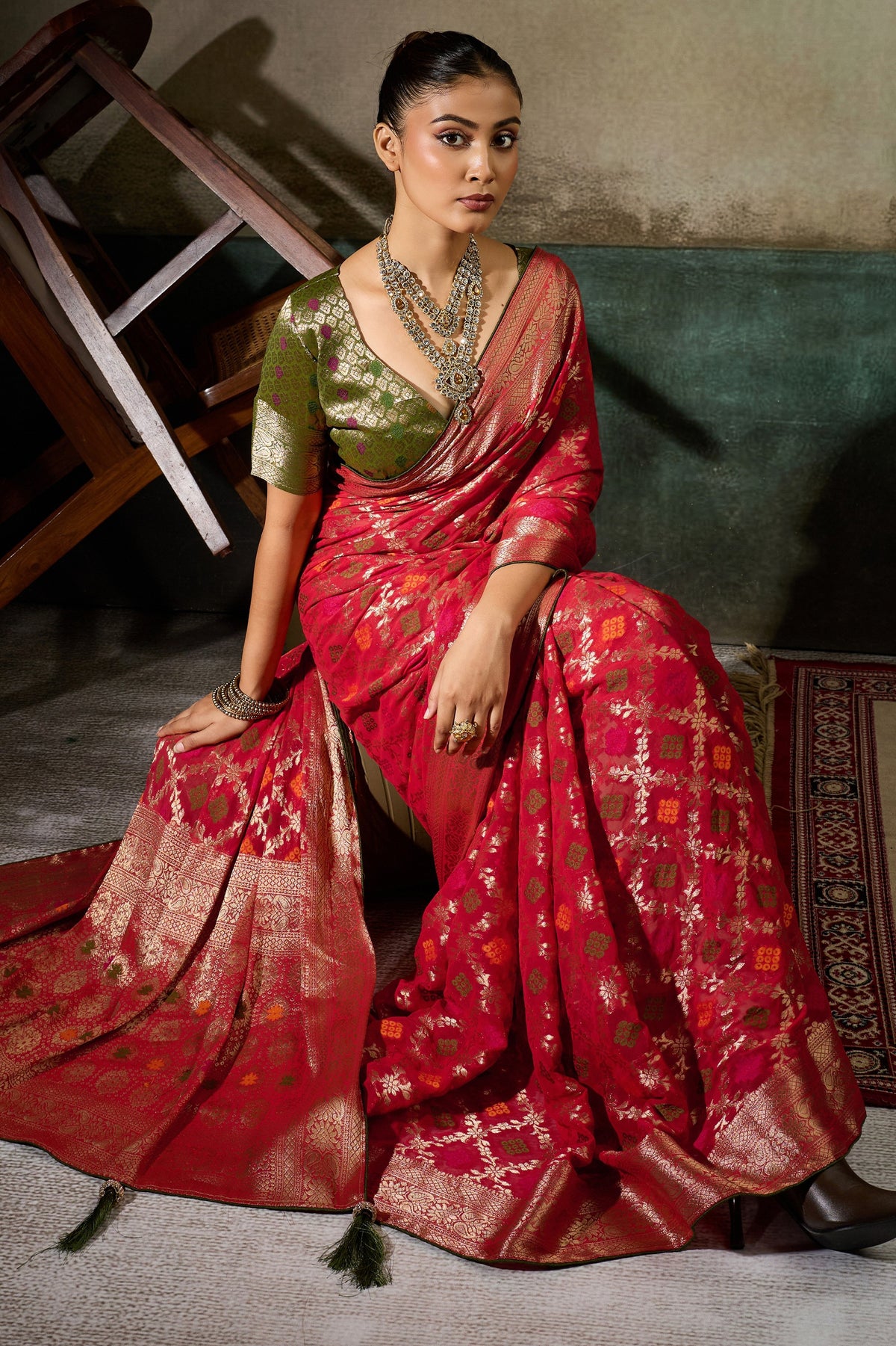 Red Woven Meenakari Khadi Georgette Saree-SAR13314_4_SareeButa.com