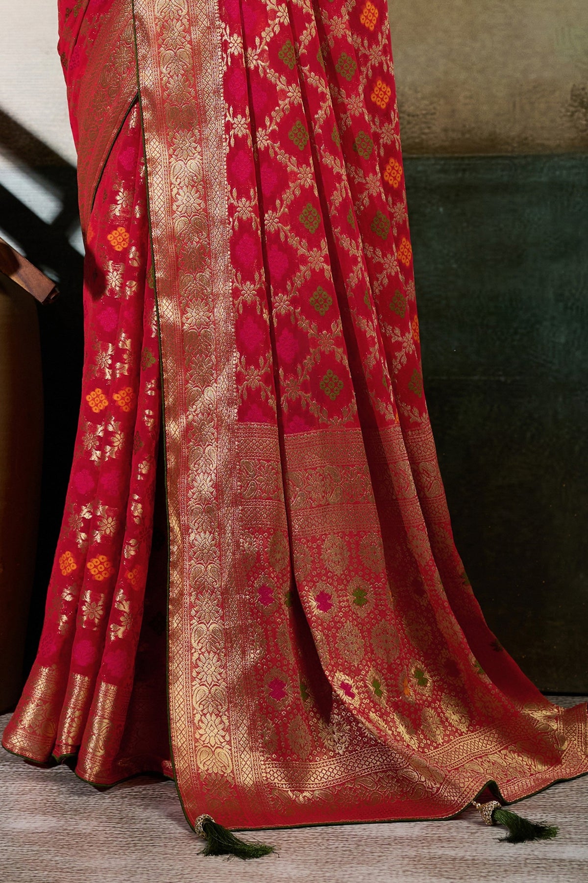 Red Woven Meenakari Khadi Georgette Saree