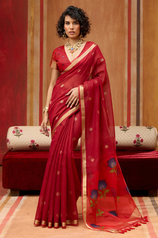 Red Woven Munga Cotton Saree-SAR11932_1_SareeButa.com