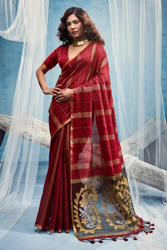 Red Woven Munga Cotton Saree-SAR12912_1_SareeButa.com