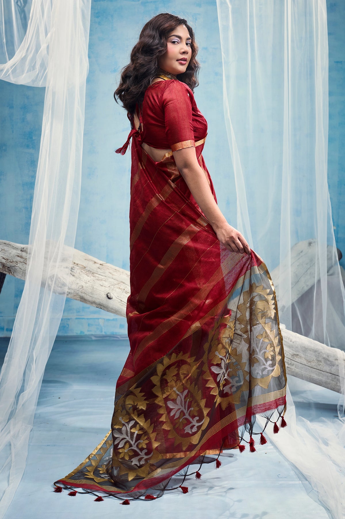 Red Woven Munga Cotton Saree-SAR12912_3_SareeButa.com