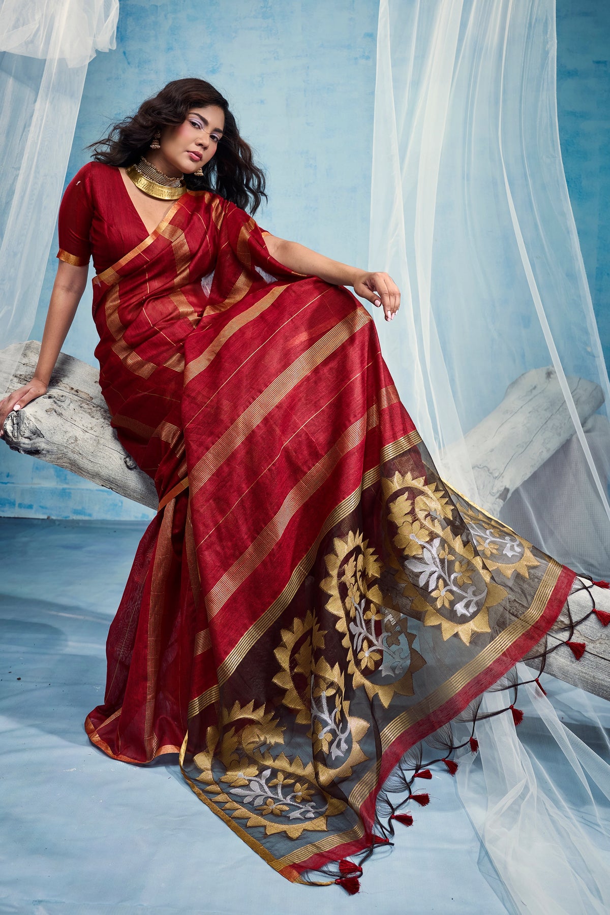 Red Woven Munga Cotton Saree-SAR12912_4_SareeButa.com